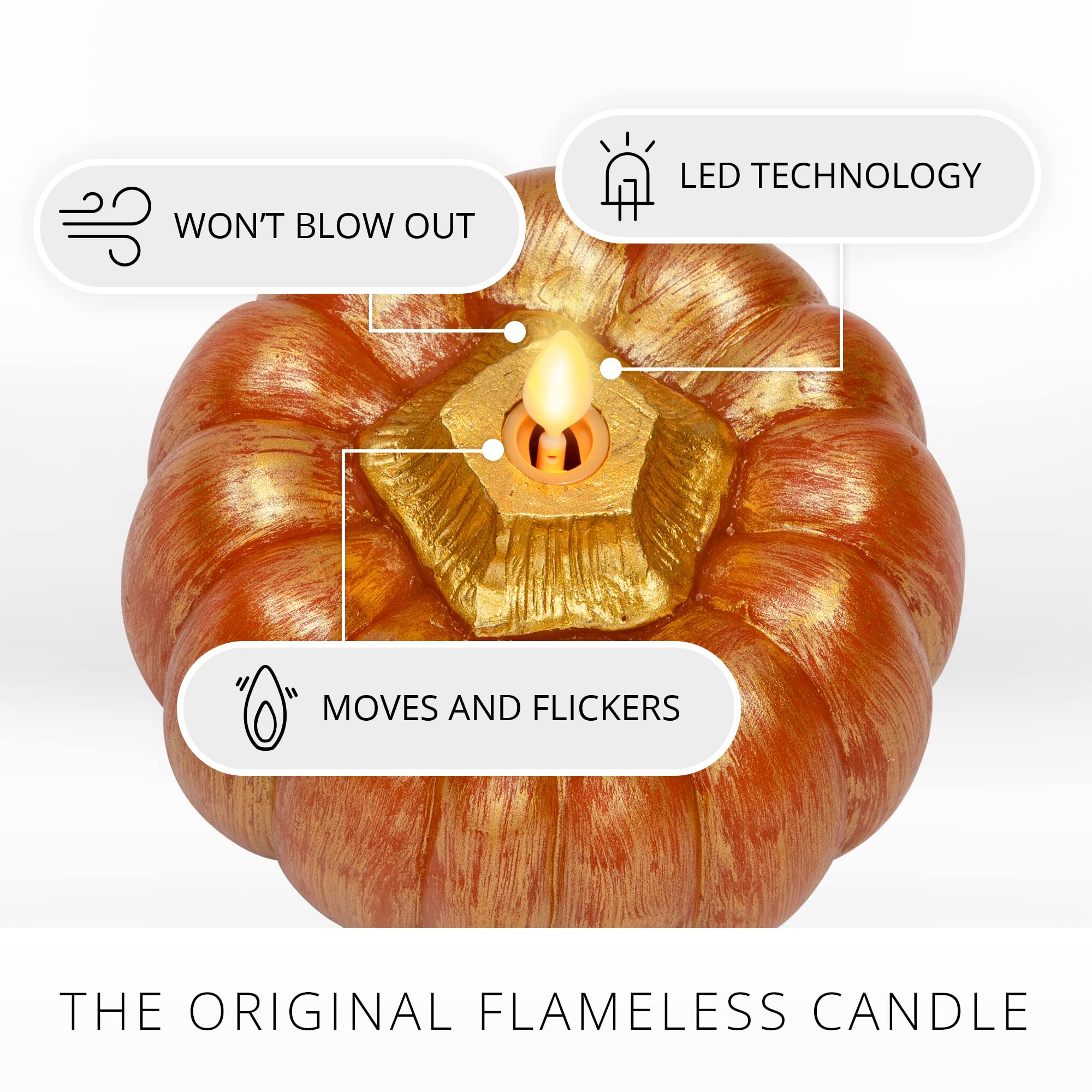 Luminara Pumpkin Figural Flameless Flickering Moving Flame Led Candle (5'' X 4.5''), Metallic Finish Real Unscented Wax, Time Fu