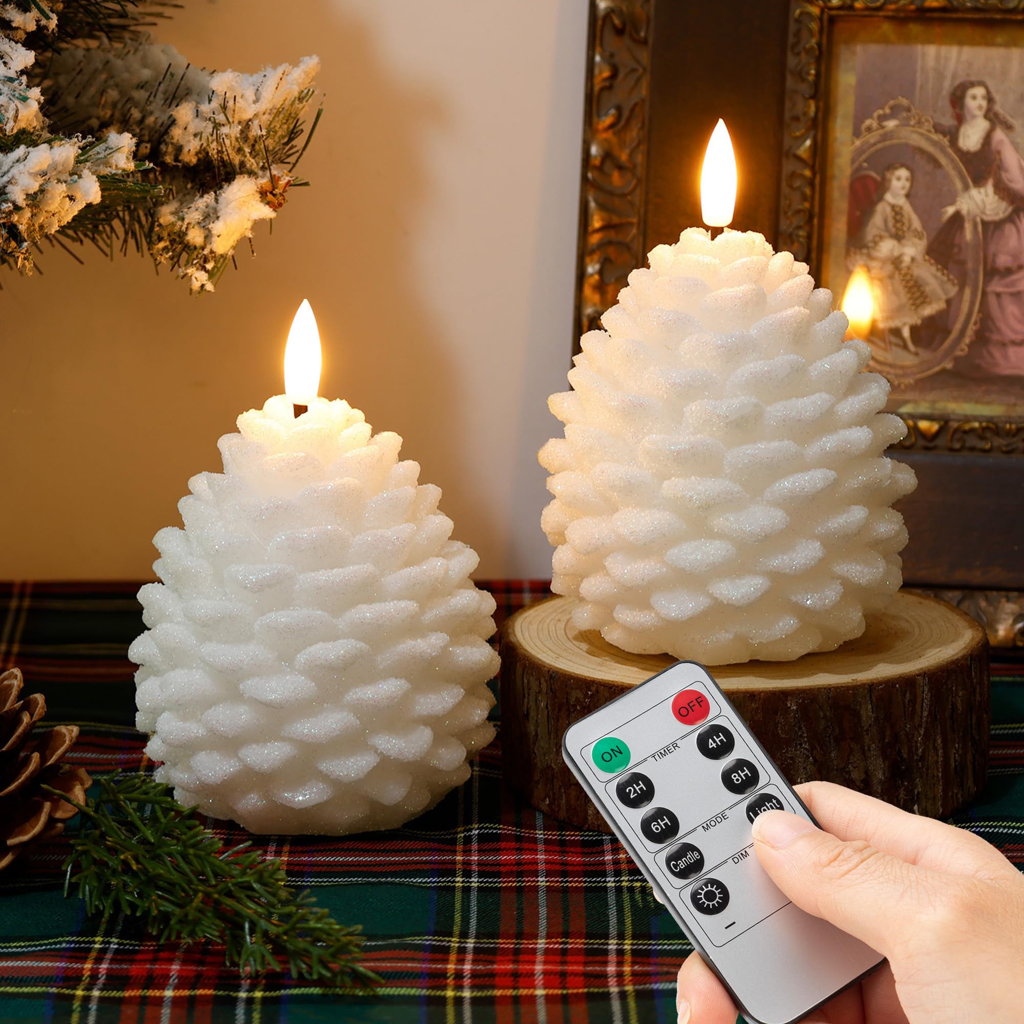 SEHNSY Christmas White Pinecone Candles Flameless with Remote, Real Wax Battery Operated Pine Cone Candle,Flickering LED Candles