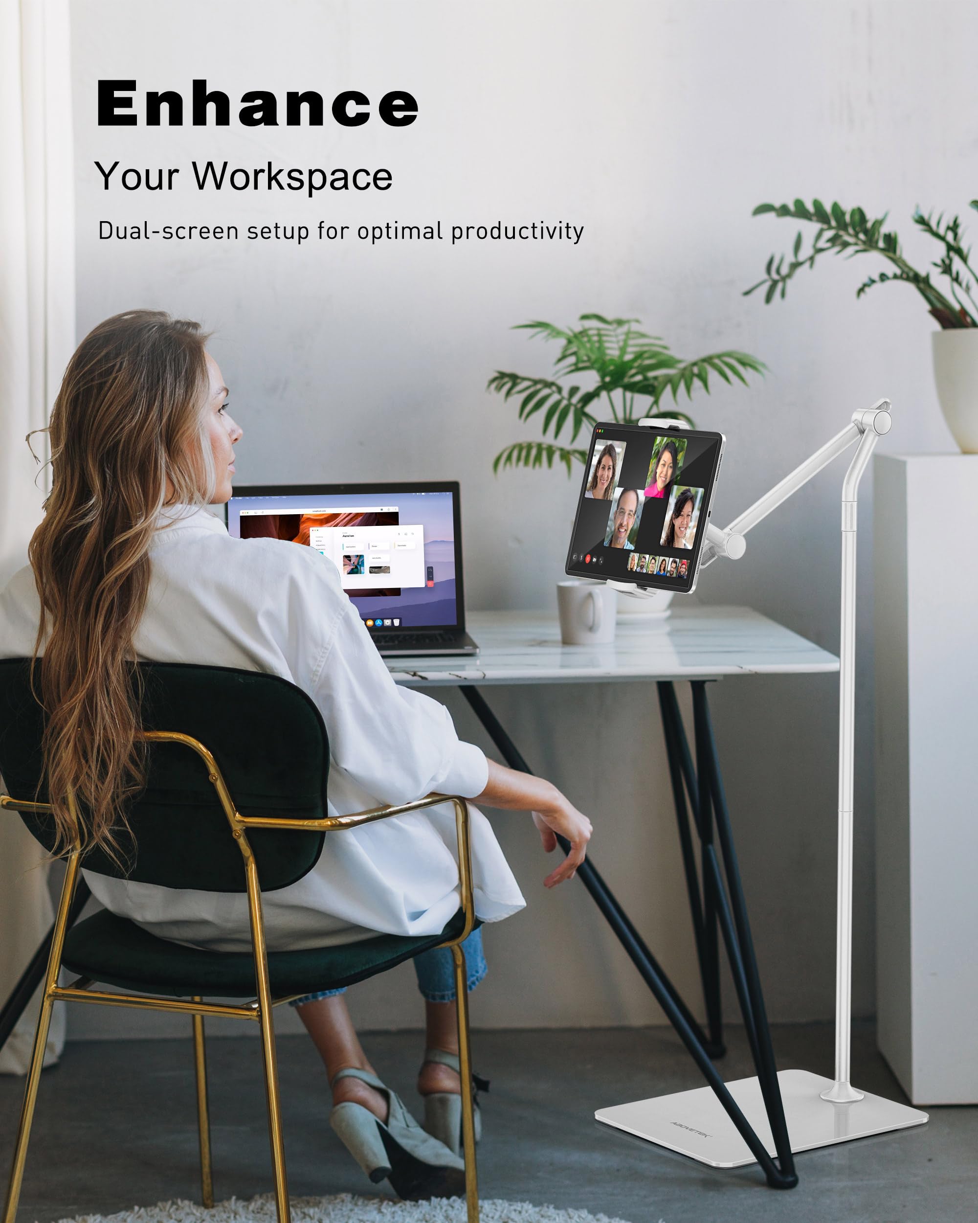 AboveTEK Tablet Floor Stand, Stylish Adjustable iPad Floor Stand, Aluminum 360� Rotation Tablet & Phone Holder for Sofa Bed, Compatible w/ 4.7' 13.5' iPhones, iPad Pro Air Mini 12.9, Kindles (White)