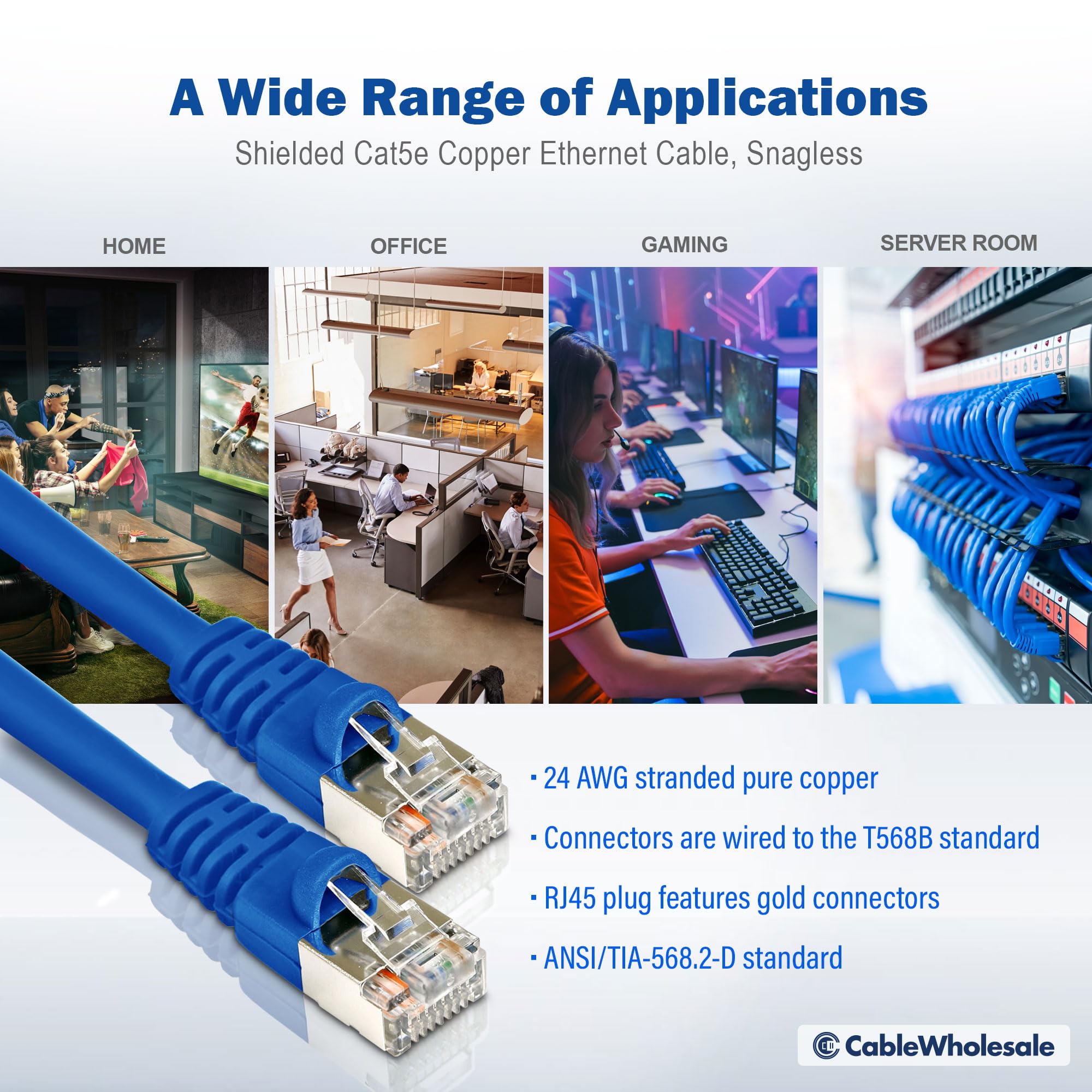 Cablewholesale Shielded Cat5E Ethernet Cable, 24Awg, Rj45 Gold Plate Connector, Etl, Snagless Boot 4 Pair Stranded Copper Shield