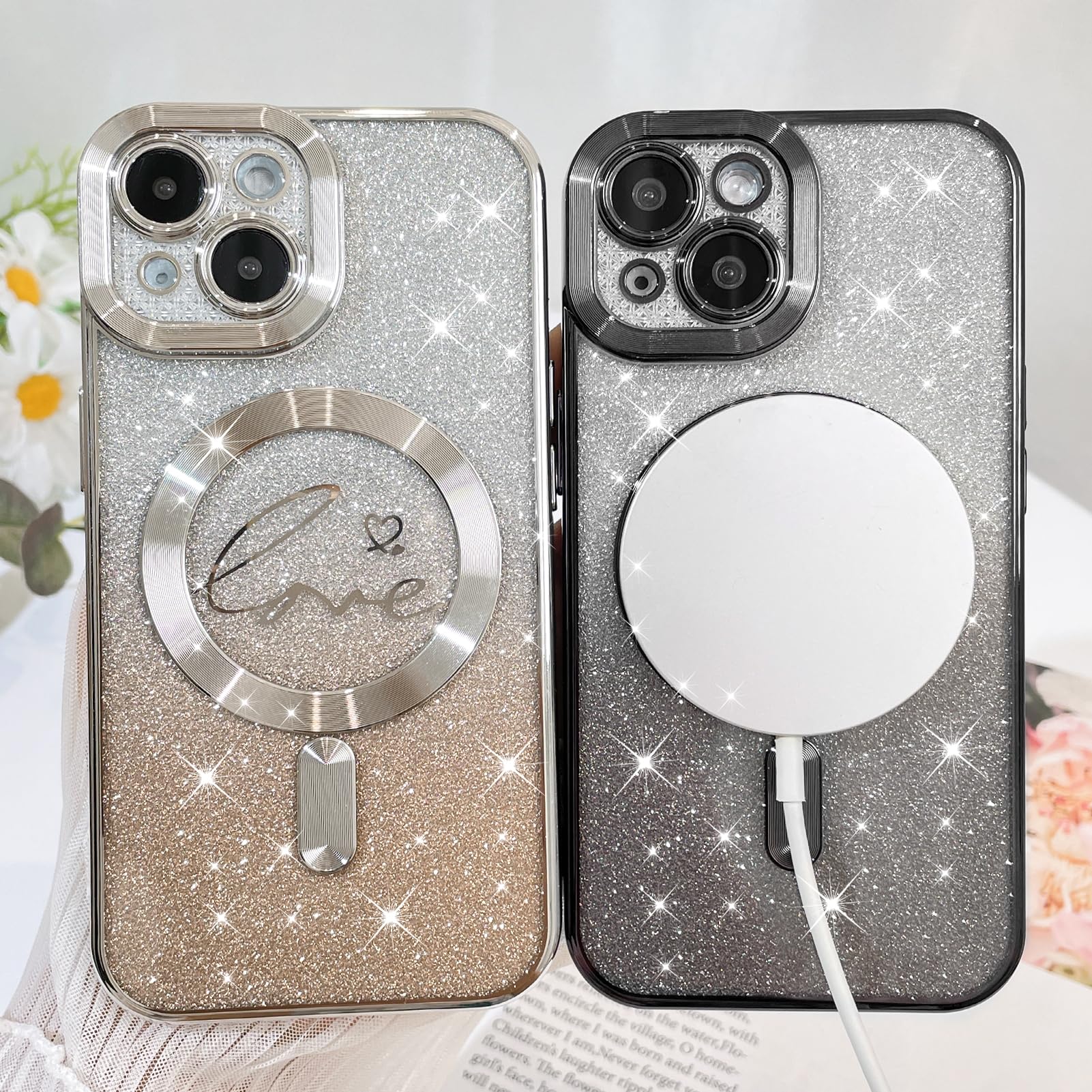 Fiyart Designed For Iphone 15 Plus Case,Compatible With Magsafe Love Heart Plating Camera Protection Clear Phone Case, Magnetic