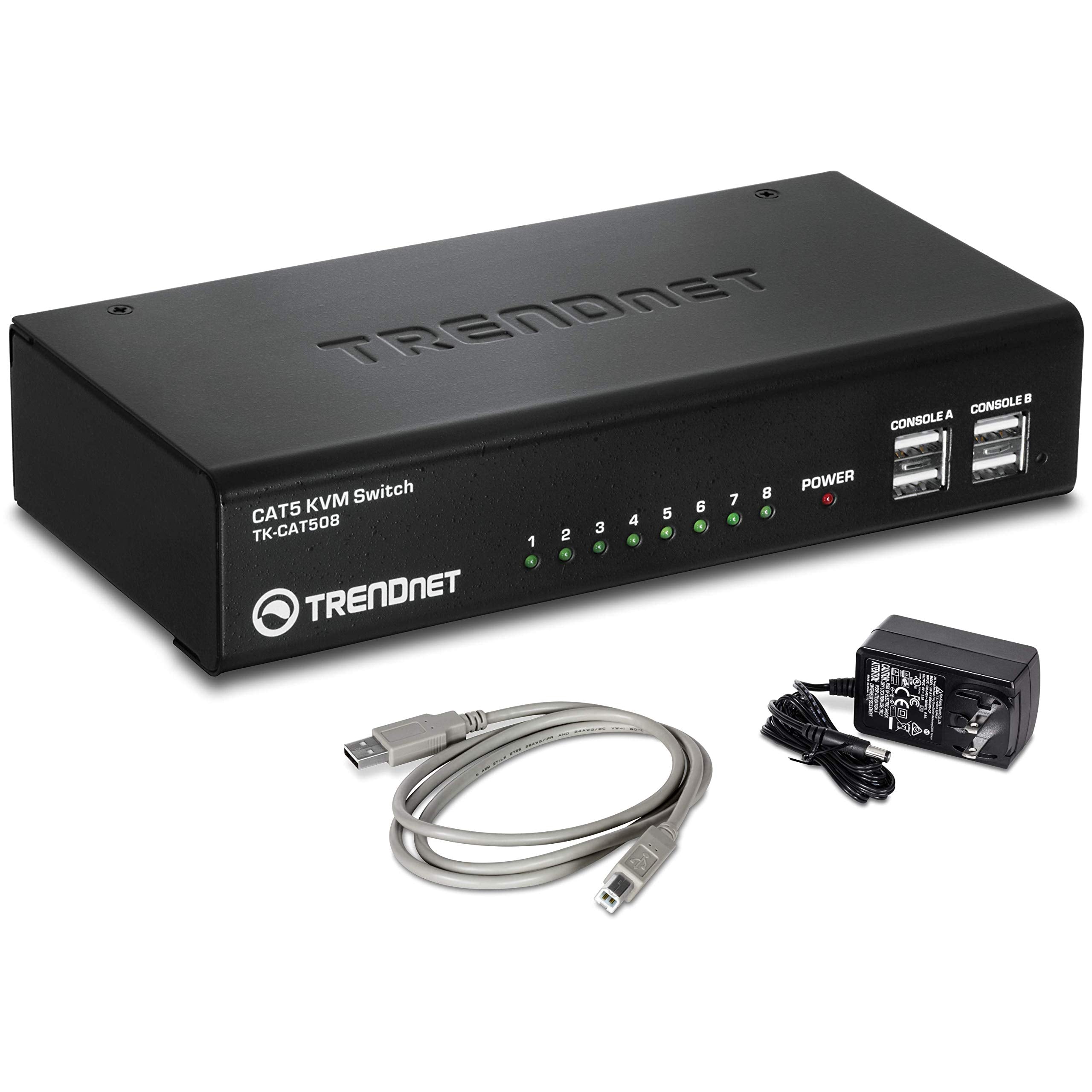 Trendnet 8 Port Cat5 Kvm Switch, Cat5 Cables Up To 30M, Usb, Ps/2, Hot Keys, Vga, Dual Console, Tk Cat508