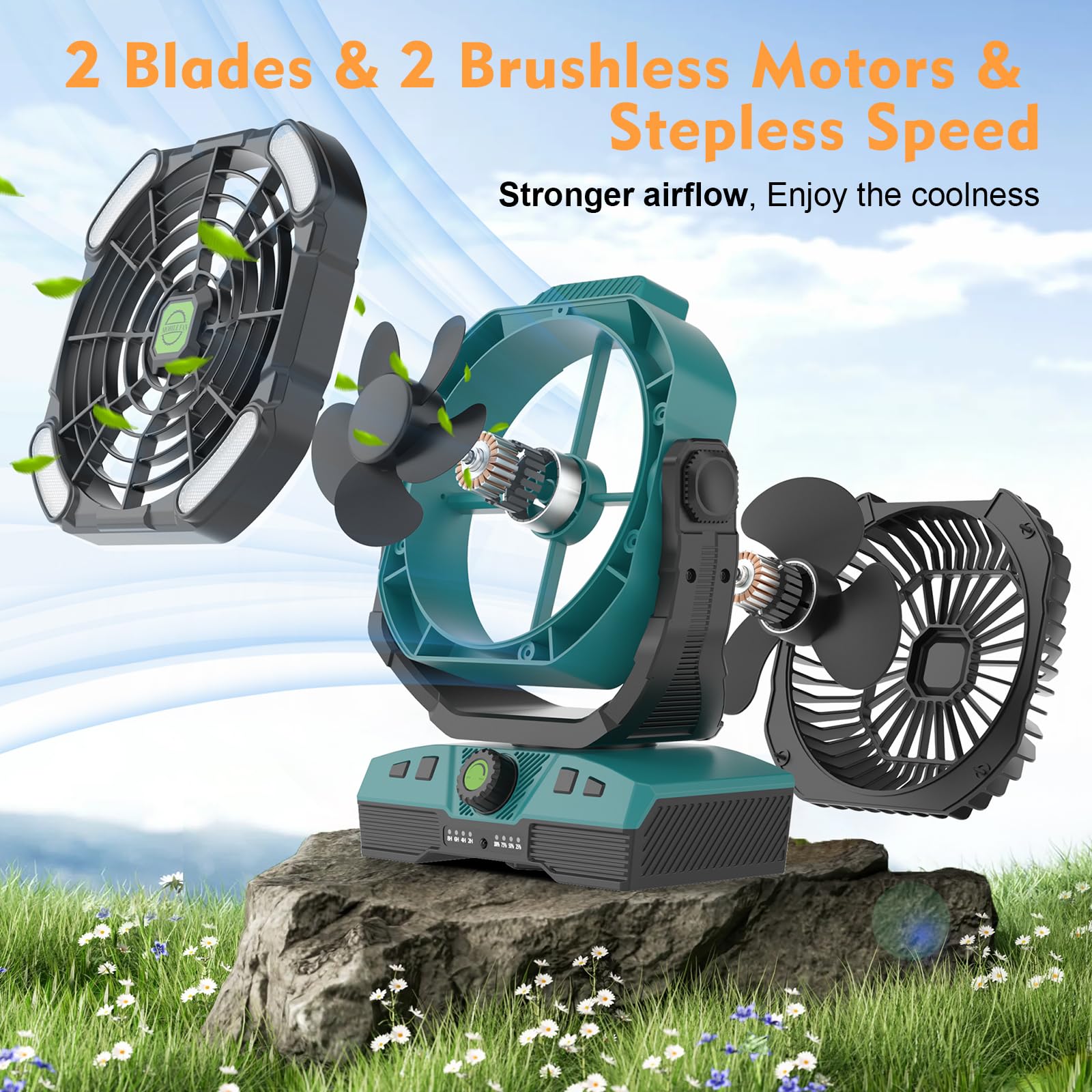 Runtop 20000Mah Camping Fan, Remote Control Oscillation Rechargeable Battery Operated Outdoor Tent Fan W/Hanging Hook, Stepless