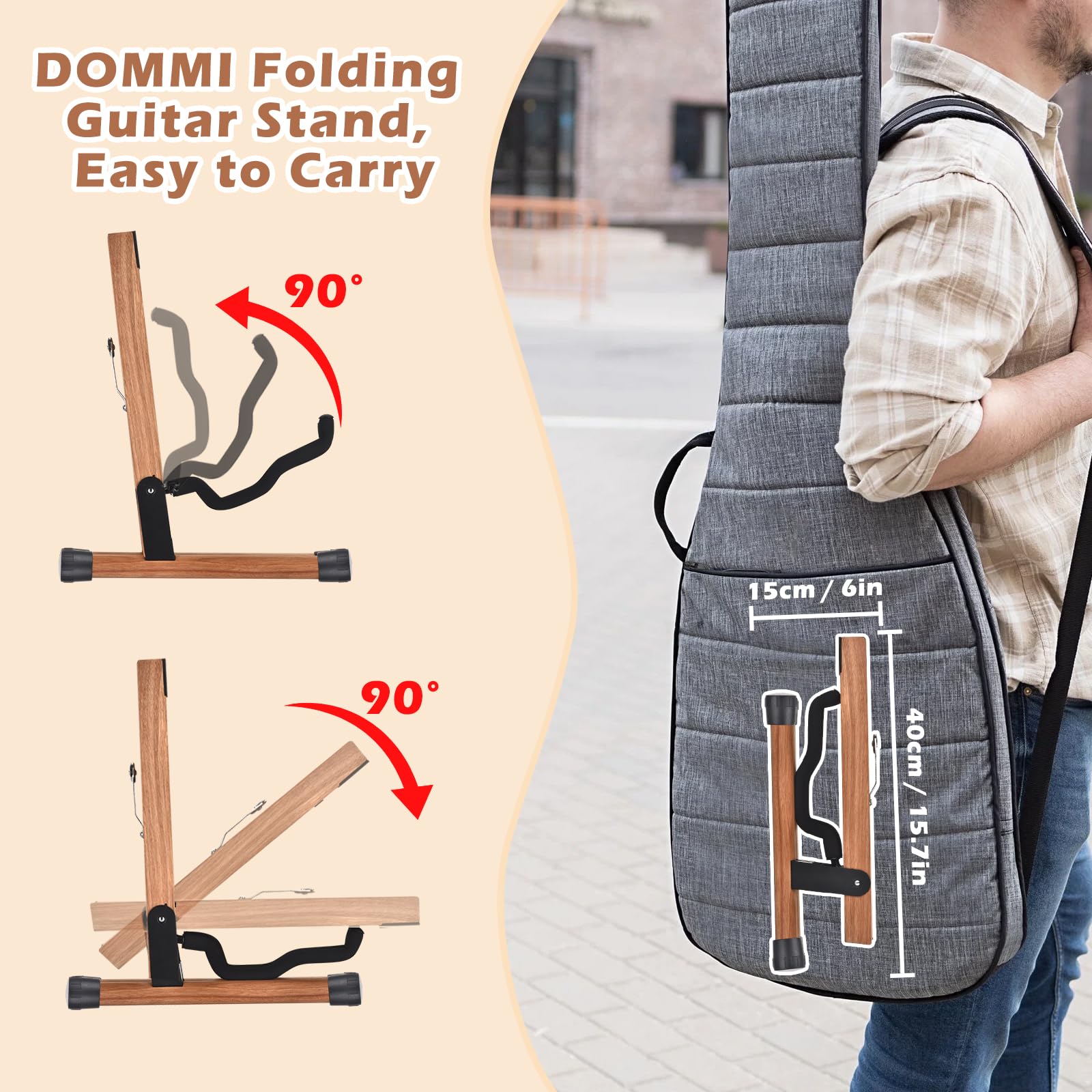 Dommi Guitar Stand, Folding Acoustic Guitar Stand With Soft Foam Arms, Wooden Guitar Stands Floor For Acoustic, Bass, Electric G