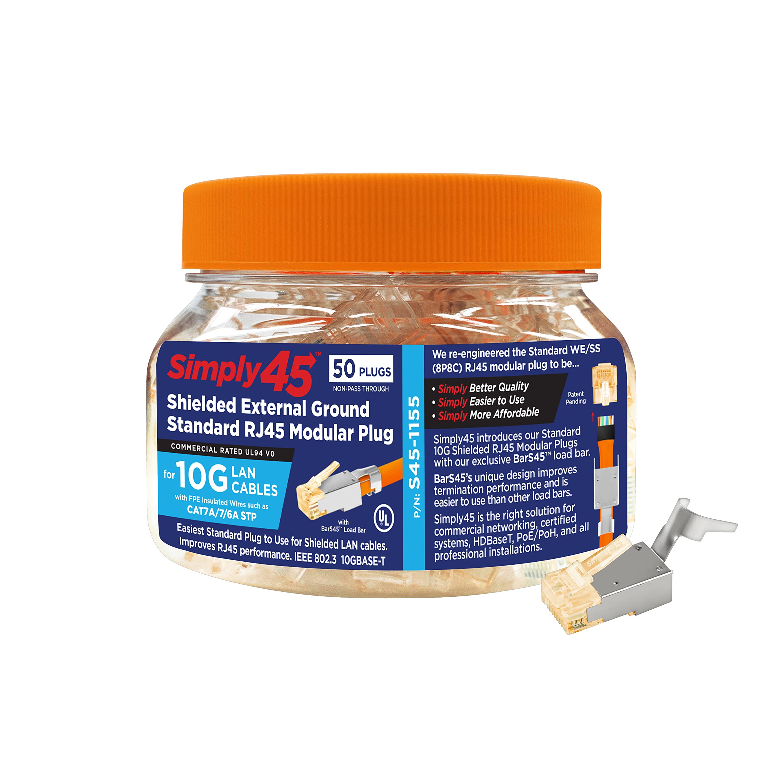 Simply45 Shielded Cat6A Rj45 Crimp Connectors, External Ground, Solid/Stranded 23Awg, Orange Tint, Hi/Lo Stagger, Bar45&Trade;, 