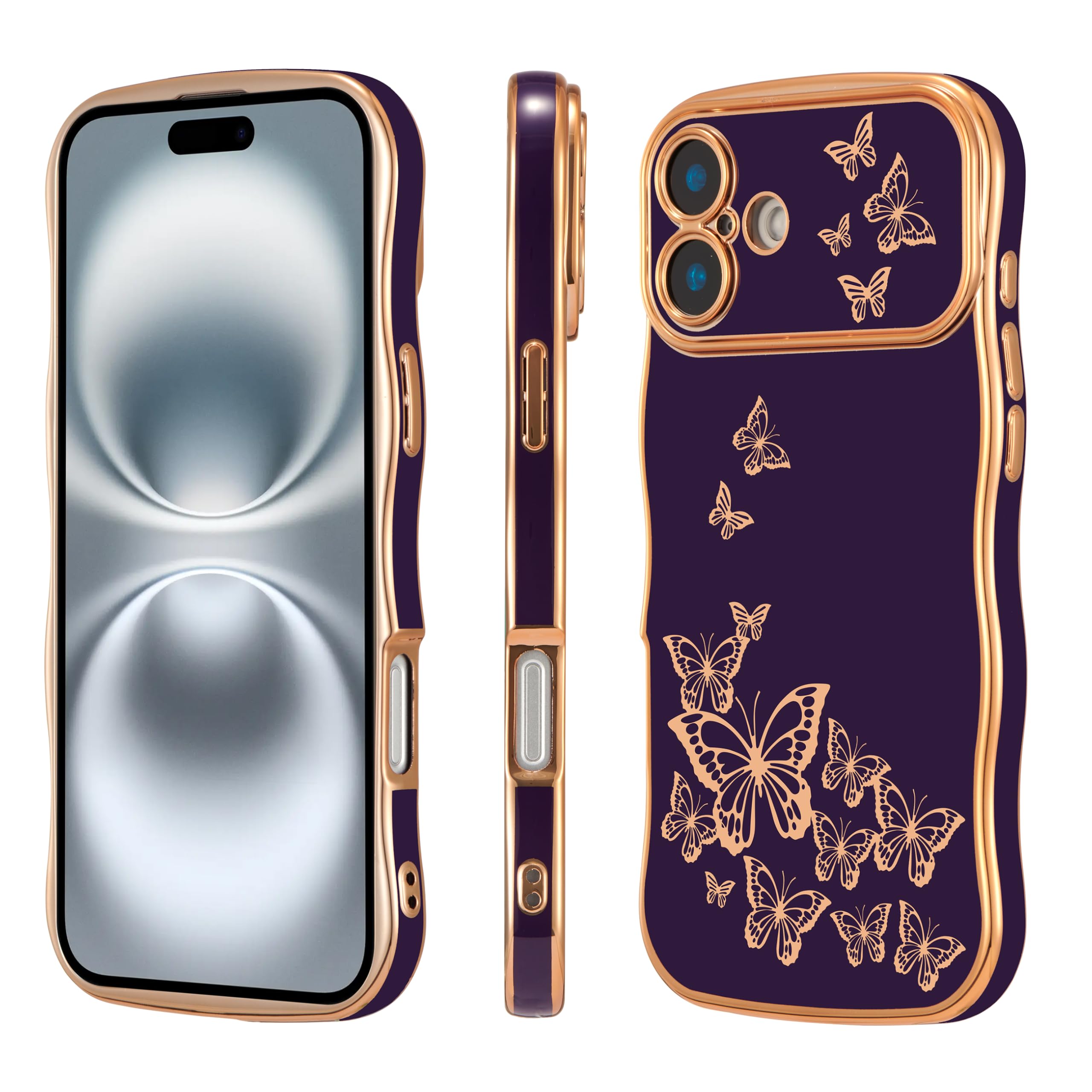 Ztofera For Iphone 16 Case For Girl Women, Cute Curly Wave Frame With Luxury Plating Butterfly Pattern, Soft Tpu Gold Edge Shock