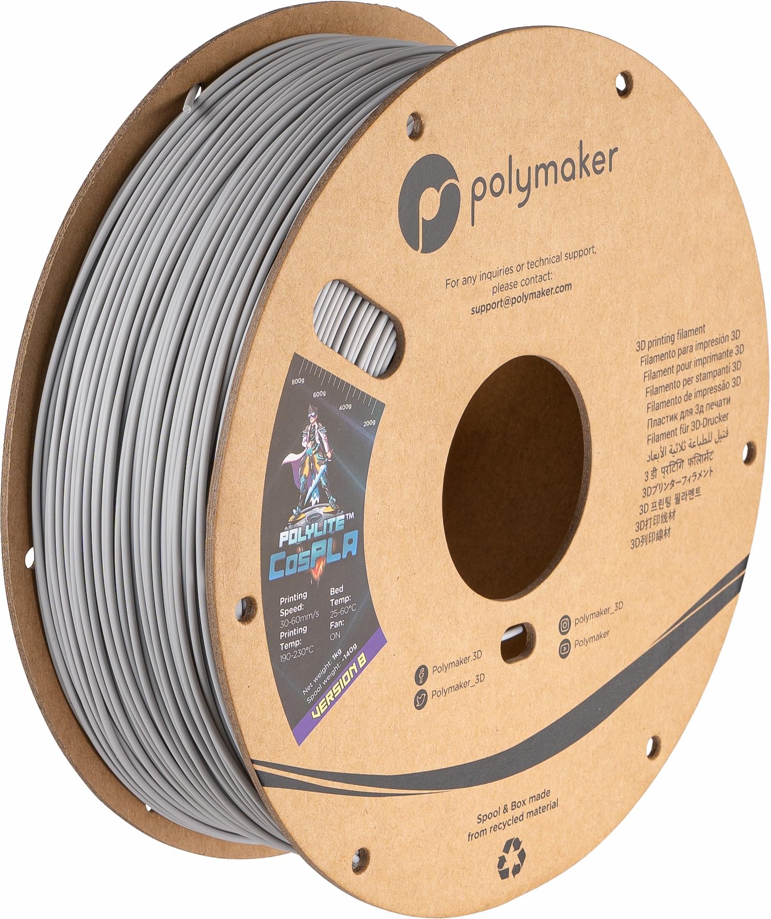 Polymaker Easy to Sand & Paint PLA Filament 1.75mm CosPLA (Version B - Sand-Ability with Extra Durability), PolyLite 3D Printer