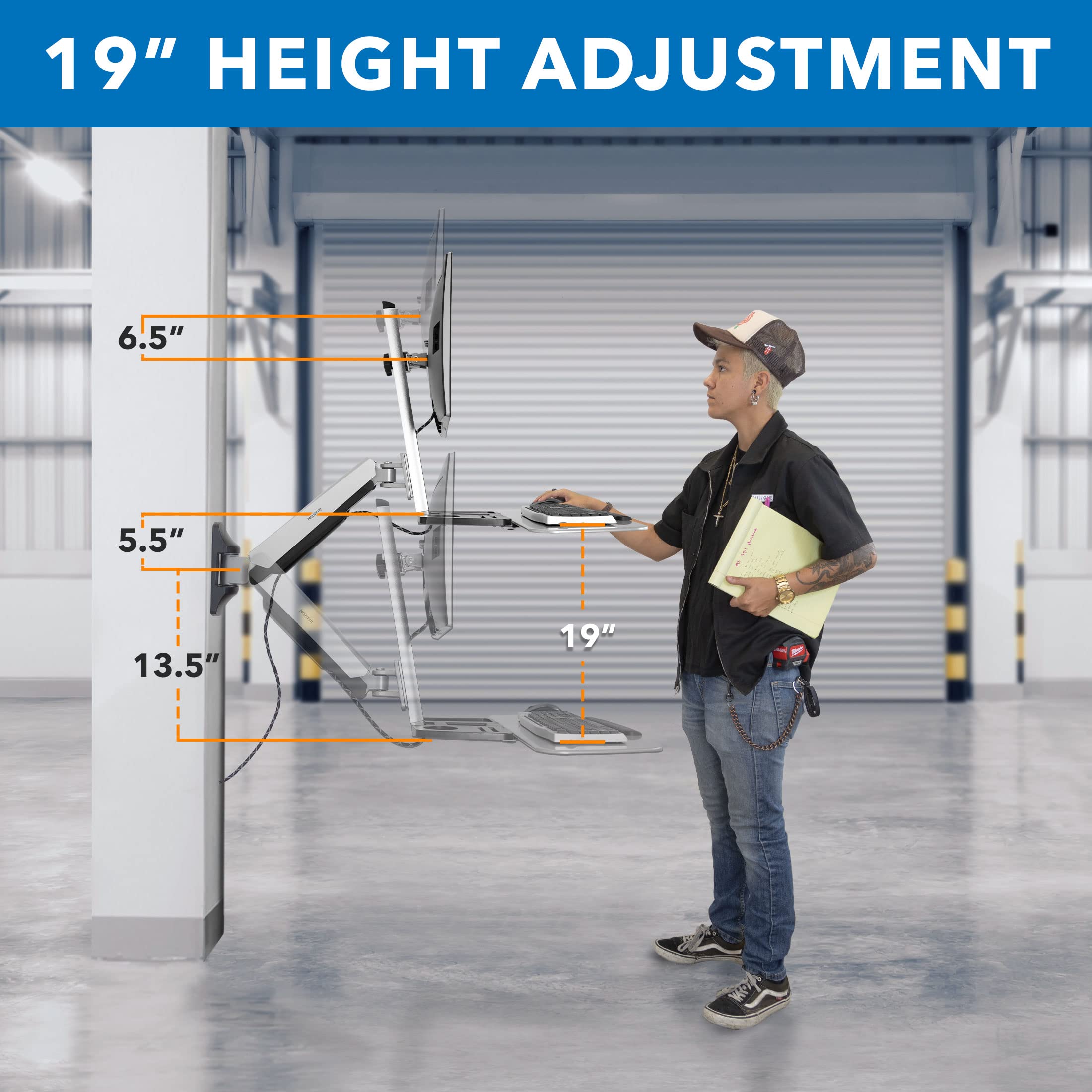 Mount-It! Adjustable Sit Stand Wall Mount Workstation, VESA 75x75/100x100, Silver, Model MI-7905, with Monitor Mount & Keyboard Tray