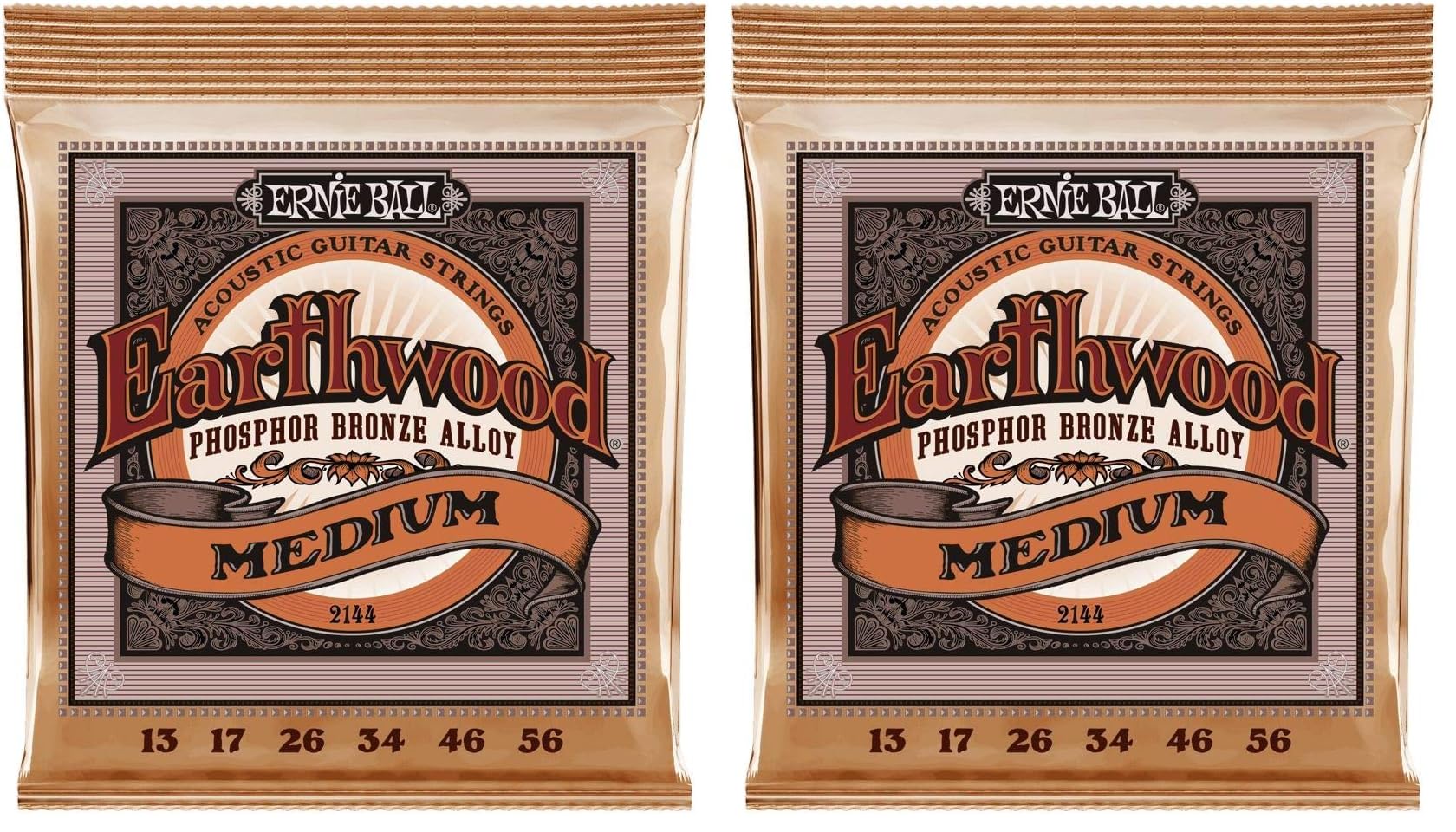 Ernie Ball Earthwood Medium Phosphor Bronze Acoustic Guitar Strings, 13-56 Gauge (Pack of 2)