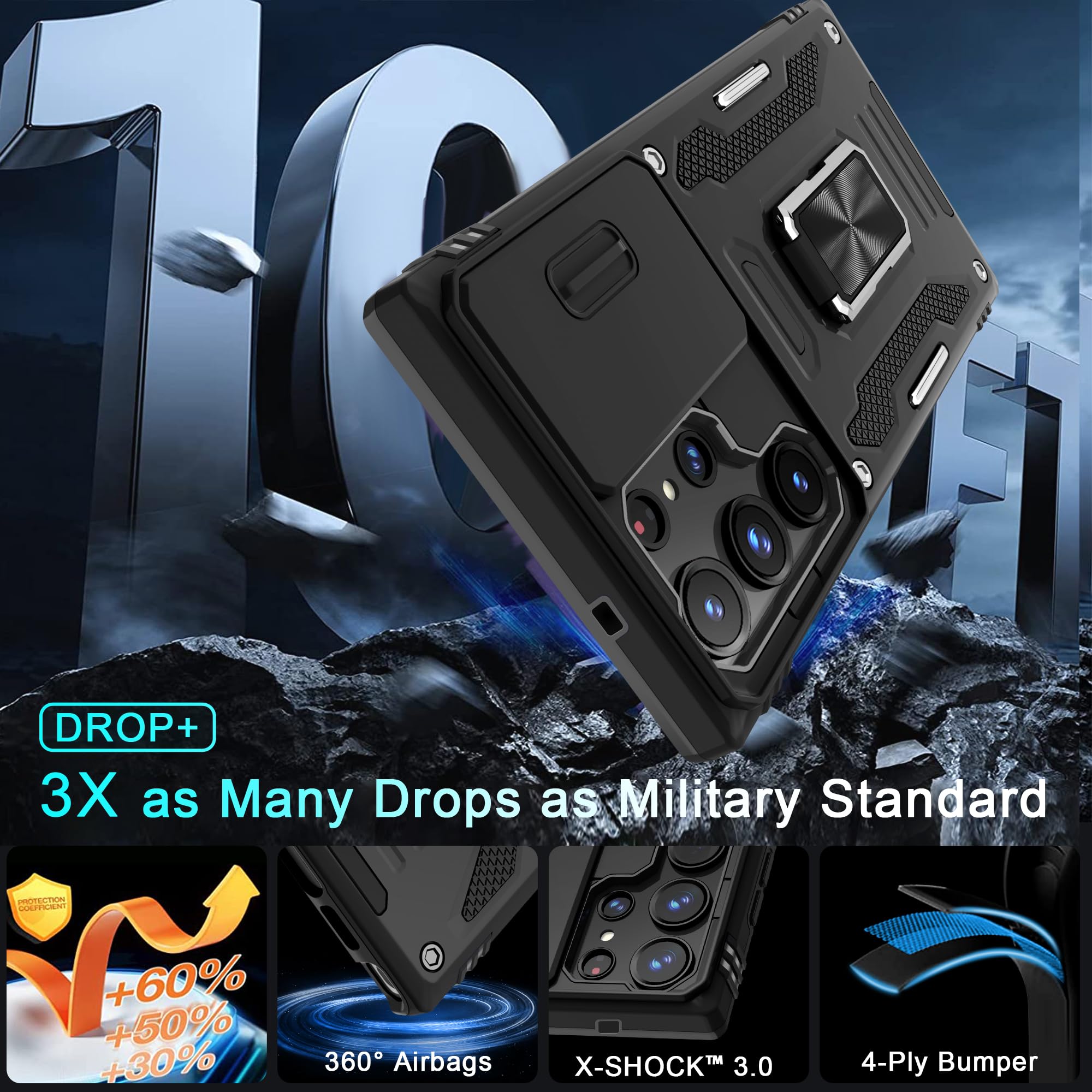 Deerlamn Case For Samsung Galaxy S24 Ultra With Slide Camera Cover+Screen Protector (1 Pack), Rotated Ring Kickstand Military Gr