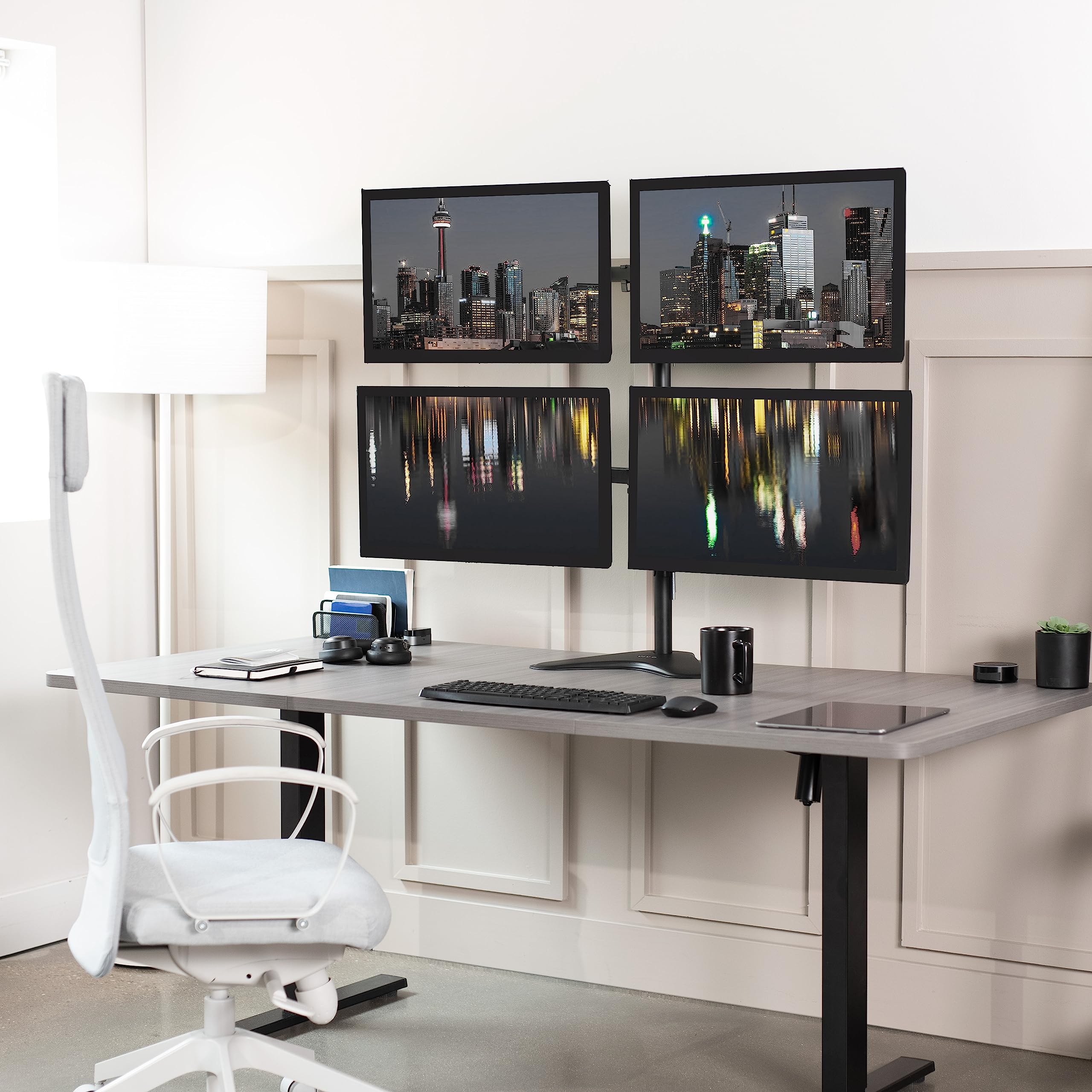 VIVO Quad 13 to 30 inch Monitor Free Standing Mount, Fully Adjustable Desk Stand, Holds 4 Flat or Curved Display Screens, STAND V004F