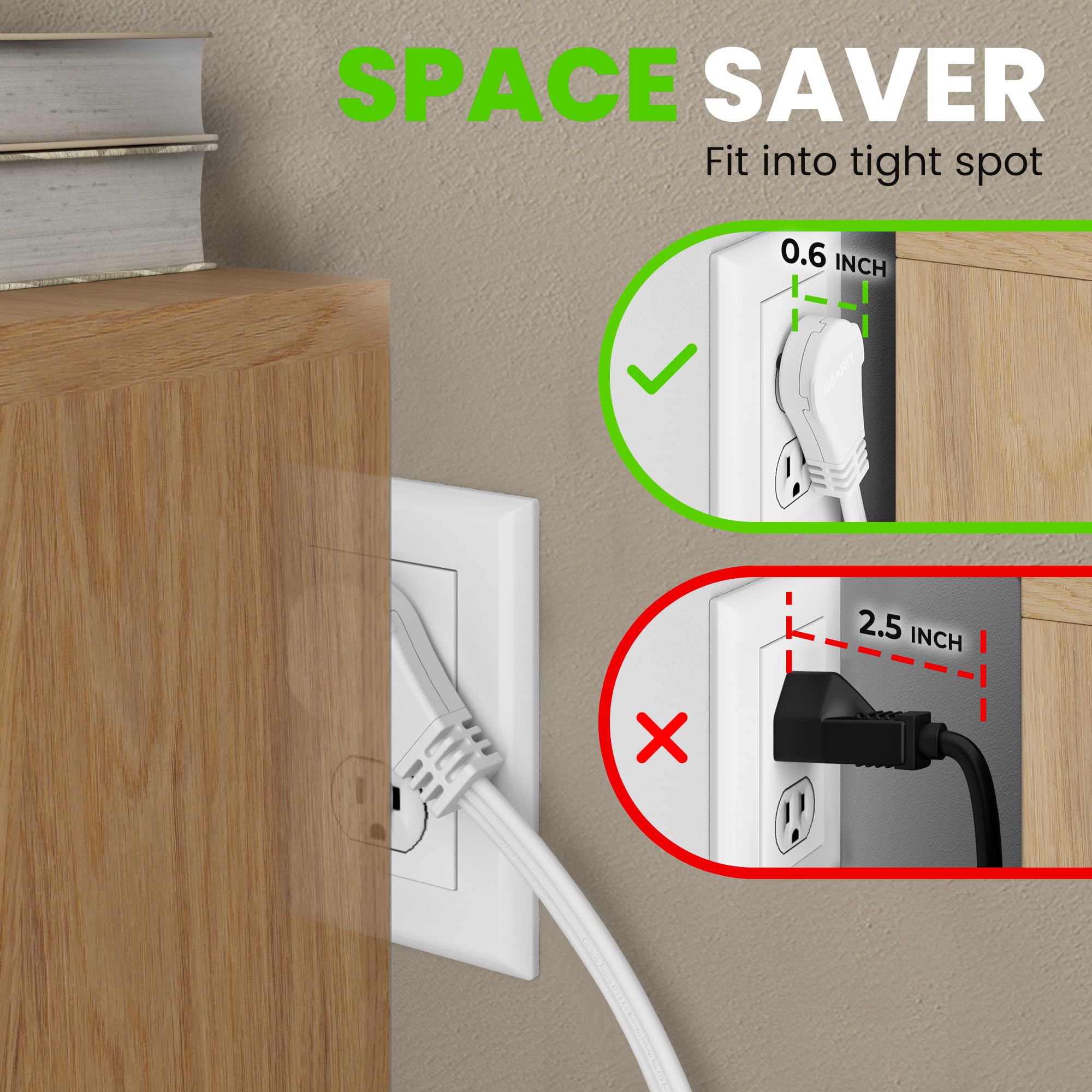 Gearit 360 Rotating Flat Plug Extension Cord (6Ft, White) Multi 3 Outlet Extension 16 Awg Wire, Adapter For Small Spaces, Right