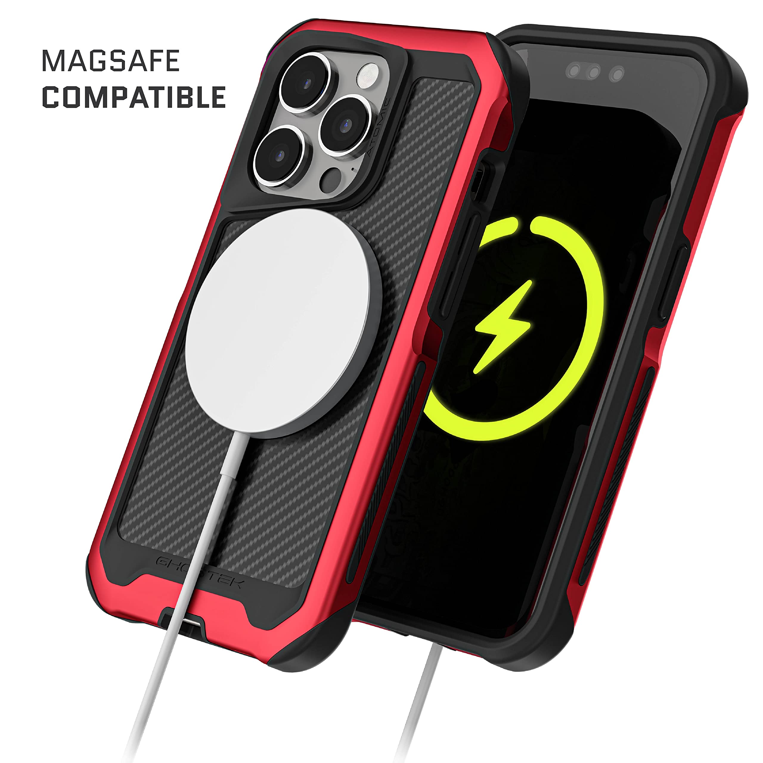 Ghostek Atomic Slim Magsafe Iphone 14 Plus Case With Real Aramid Fiber Back And Red Aluminum Metal Bumper Tough Heavy Duty Prote