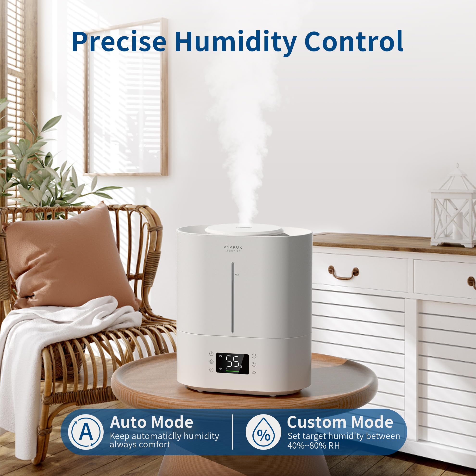 Asakuki Humidifiers For Bedroom Home, 4L Top Fill Ultrasonic Cool Mist Humidifiers For Baby Nursery & Plants Indoor, Adjustable