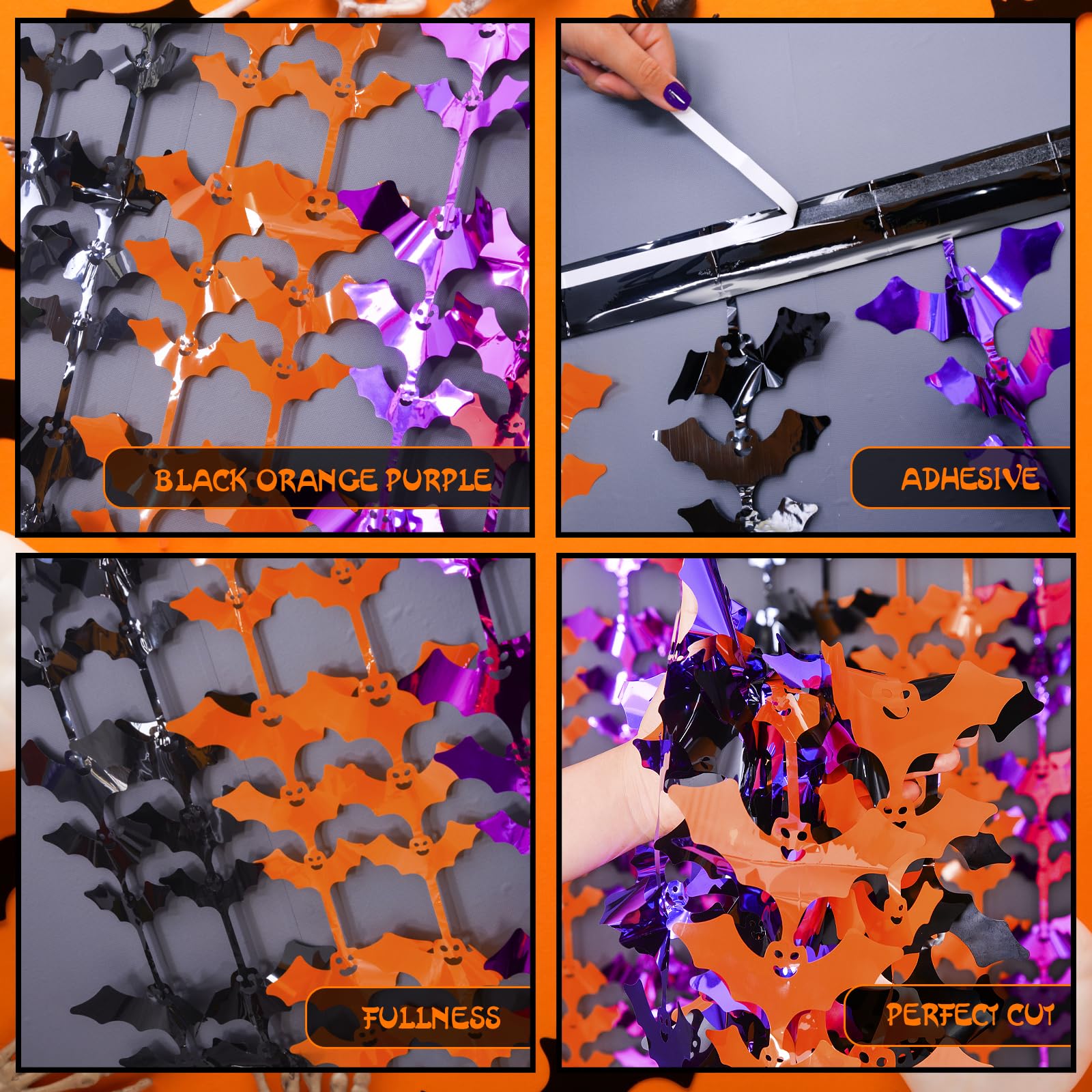 Lolstar Halloween Party Decoration, 2 Pack Black Orange And Purple Bat Photo Booth Props, 3.3 X 6.6 Ft Halloween Foil Fringe Cur