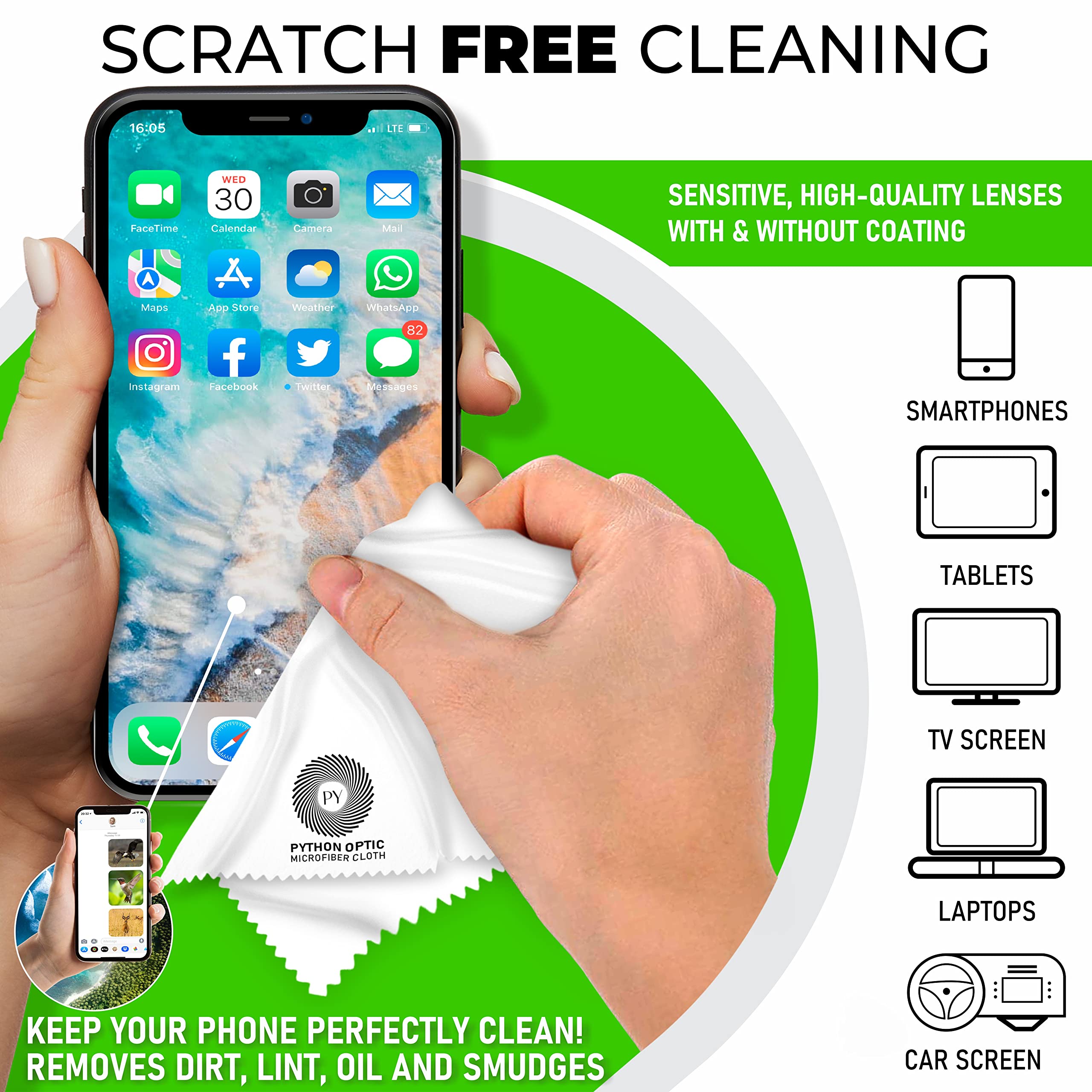 Python Premium Microfiber Cloth 12X16In   Scratch Free Optical Lens & Glasses Cleaner, Screen Cleaning For Computers, Tvs, Apple