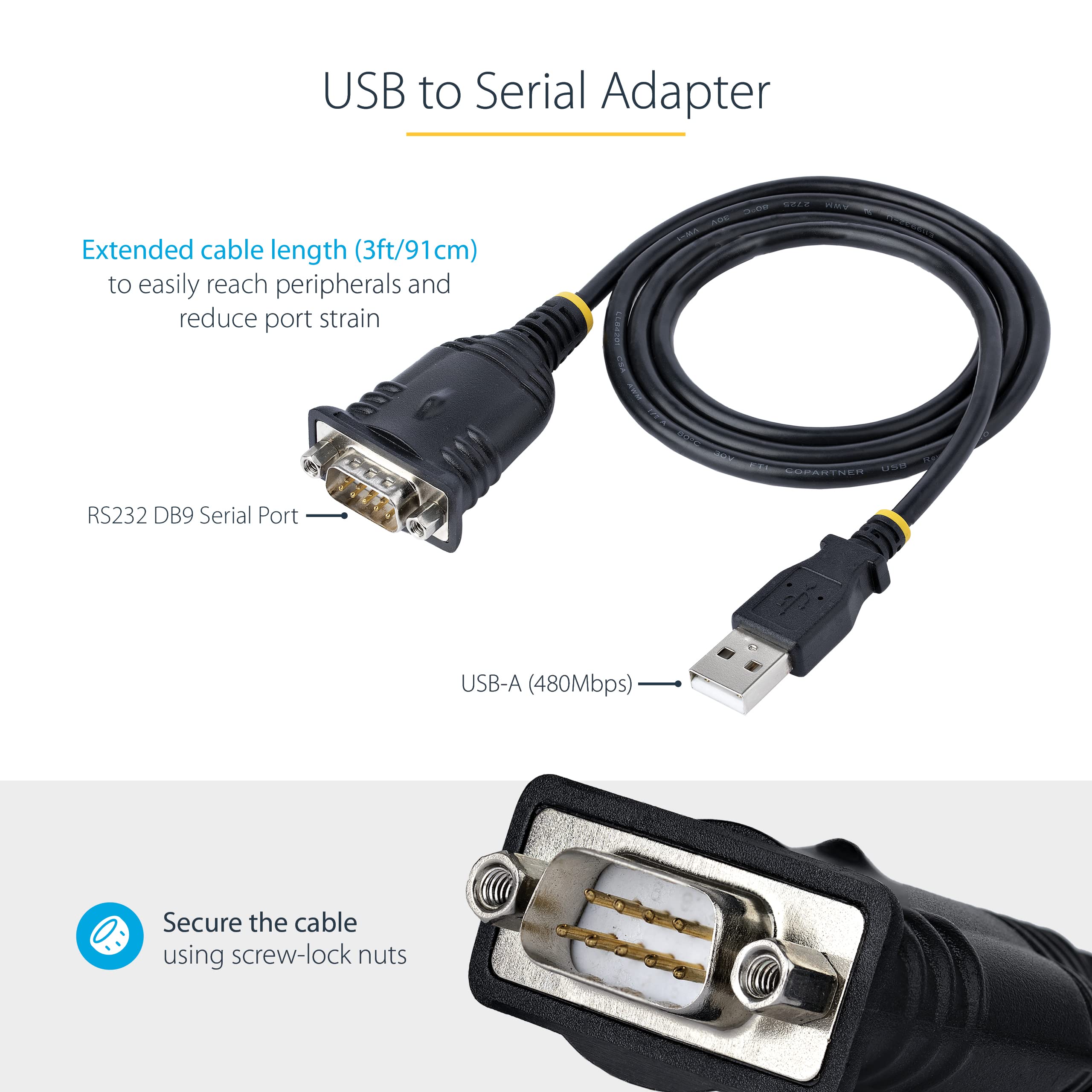 StarTech.com 3ft (1m) USB to Serial Cable, DB9 Male RS232 to USB Converter, Prolific IC, USB to Serial Adapter for PLC/Printer/Scanner/Switch, USB to COM Port Adapter, Windows/Mac (1P3FP USB SERIAL)