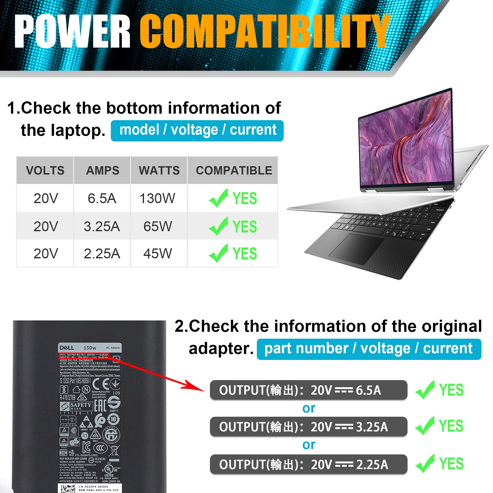 130W Usb C Type C Laptop Charger Replacement For Dell Xps 15 17 2In1 9575 9500 9700,Dell Precision 5530 2In1 5550 5750,Da130Pm17