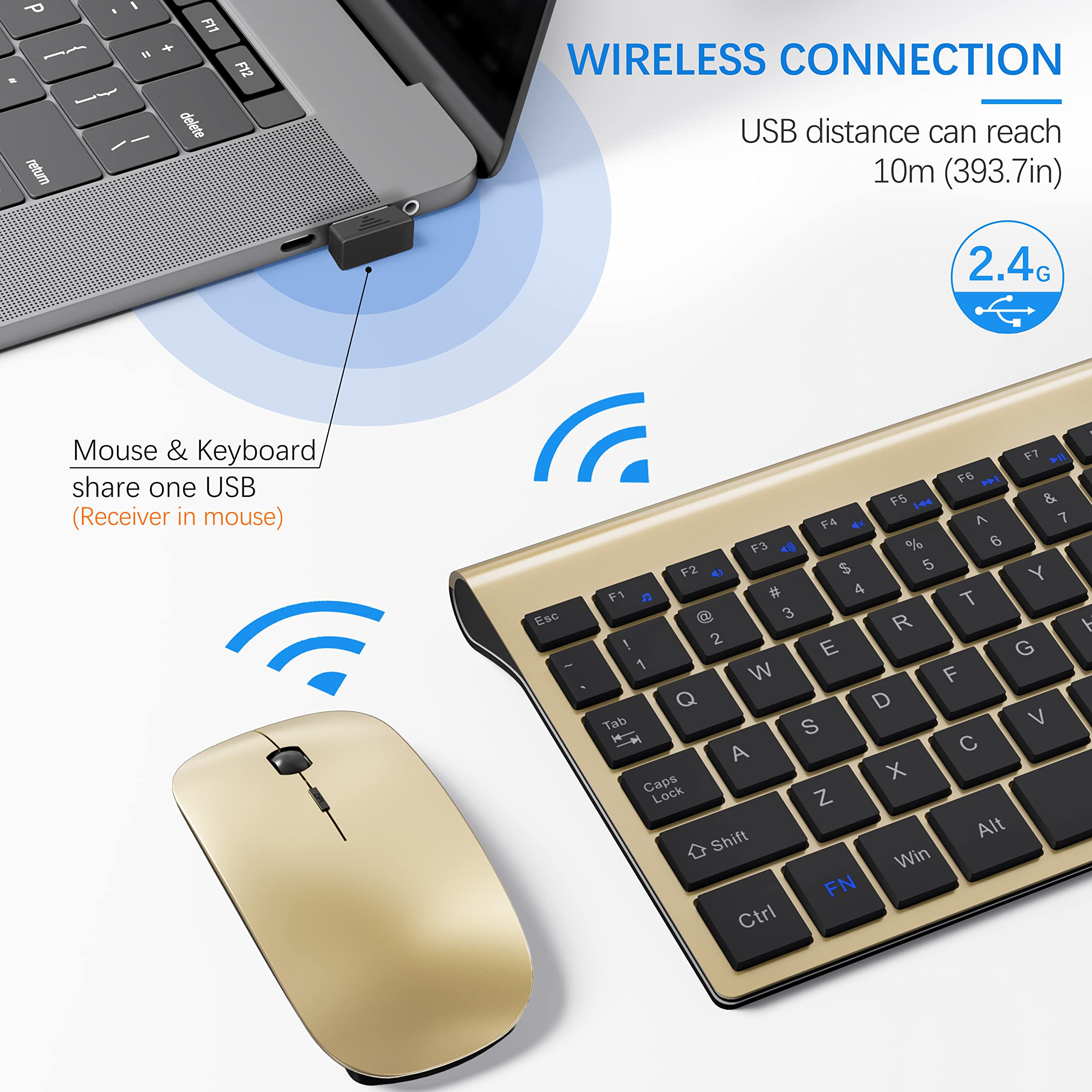 Wireless Keyboard And Mouse Ultra Slim Combo, Topmate 2.4G Silent Compact Usb 2400Dpi Mouse And Scissor Switch Keyboard Set With Cover, 2 Aa And 2 Aaa Batteries, For Pc/Laptop/Windows/Mac   Gold Black