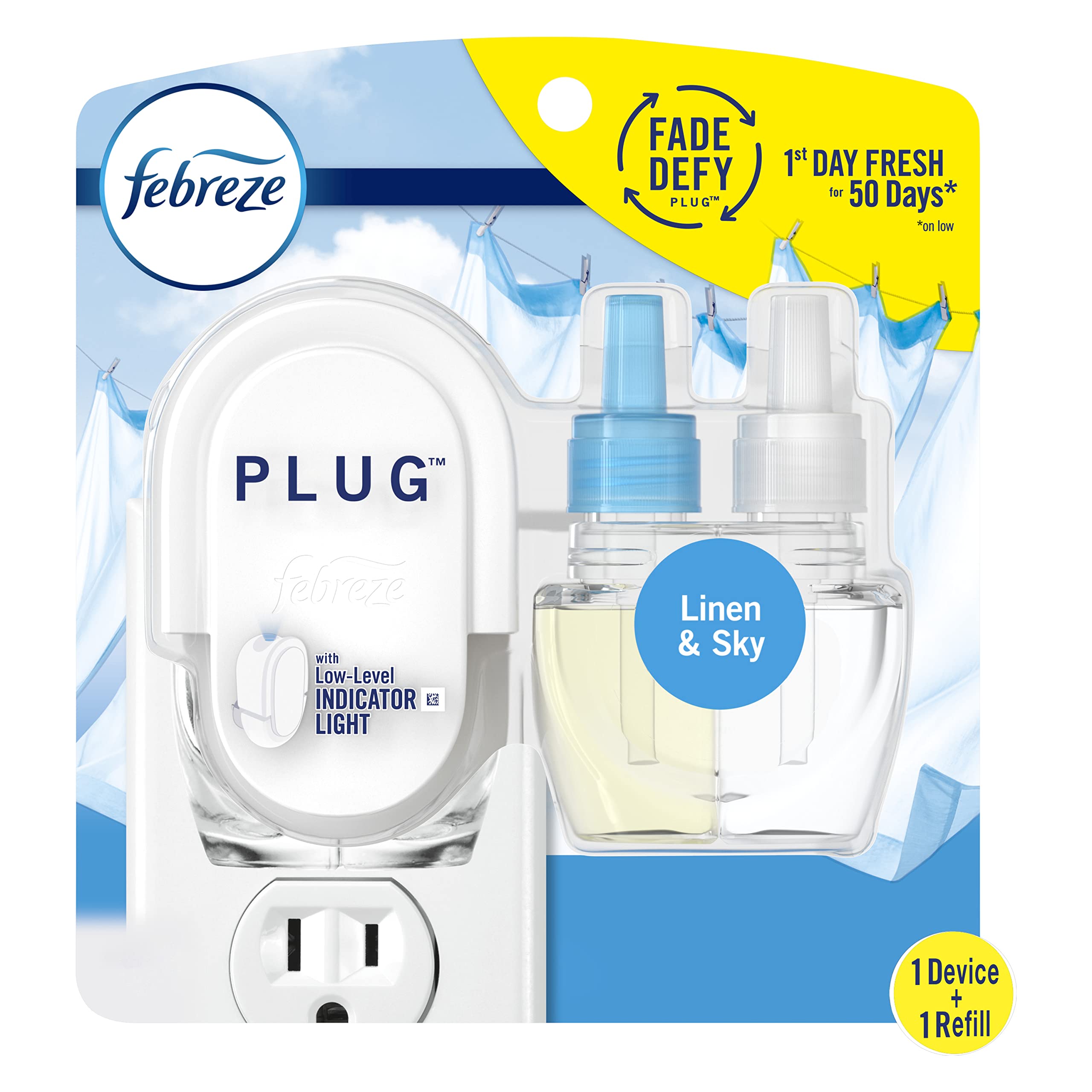 Febreze Fade Defy Plug Air Freshener & Odor Fighter Starter Kit With Linen & Sky (1) .87 Fl. Oz. Oil Refill Transparent