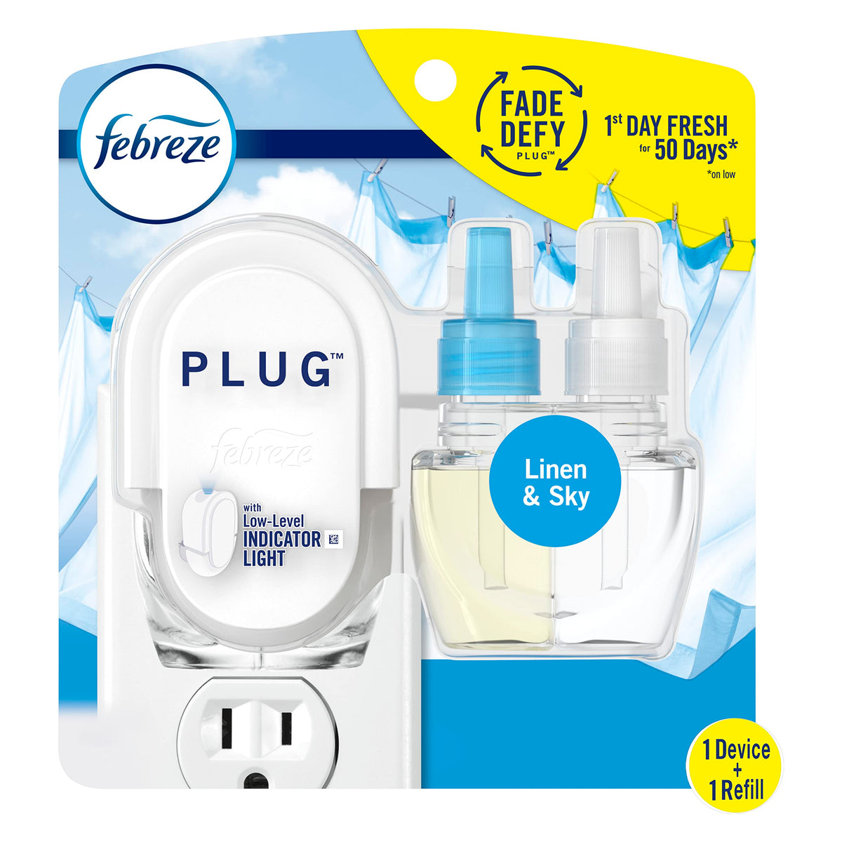 Febreze Fade Defy Plug Air Freshener & Odor Fighter Starter Kit With Linen & Sky (1) .87 Fl. Oz. Oil Refill Transparent