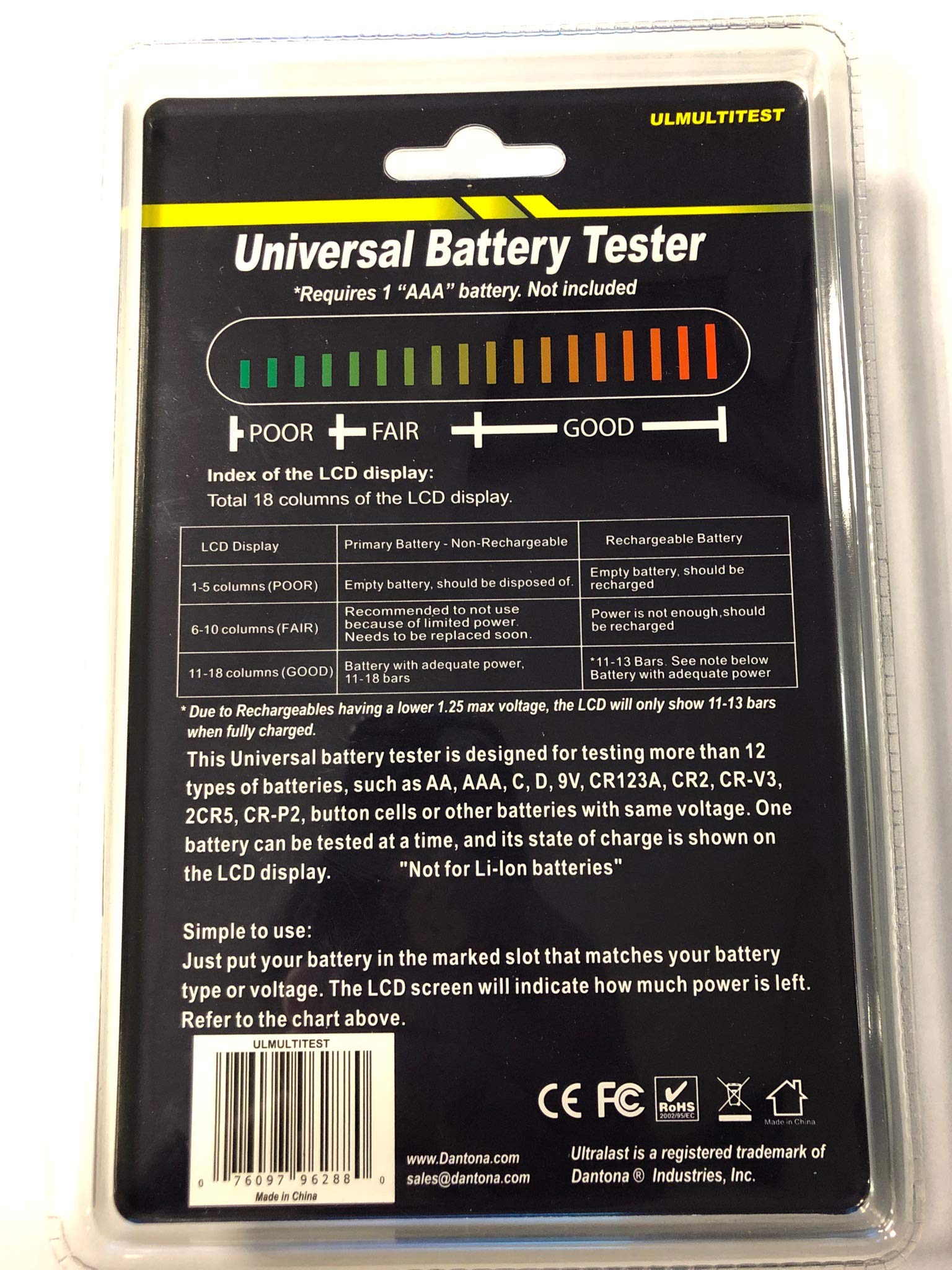 Ultralast - Ulmultitest Alkaline / Ni-Cd / Ni-Mh / Photo Lithium & Coin Battery Tester. Tests Aa / Aaa / 9V / C / D / Photo Lith