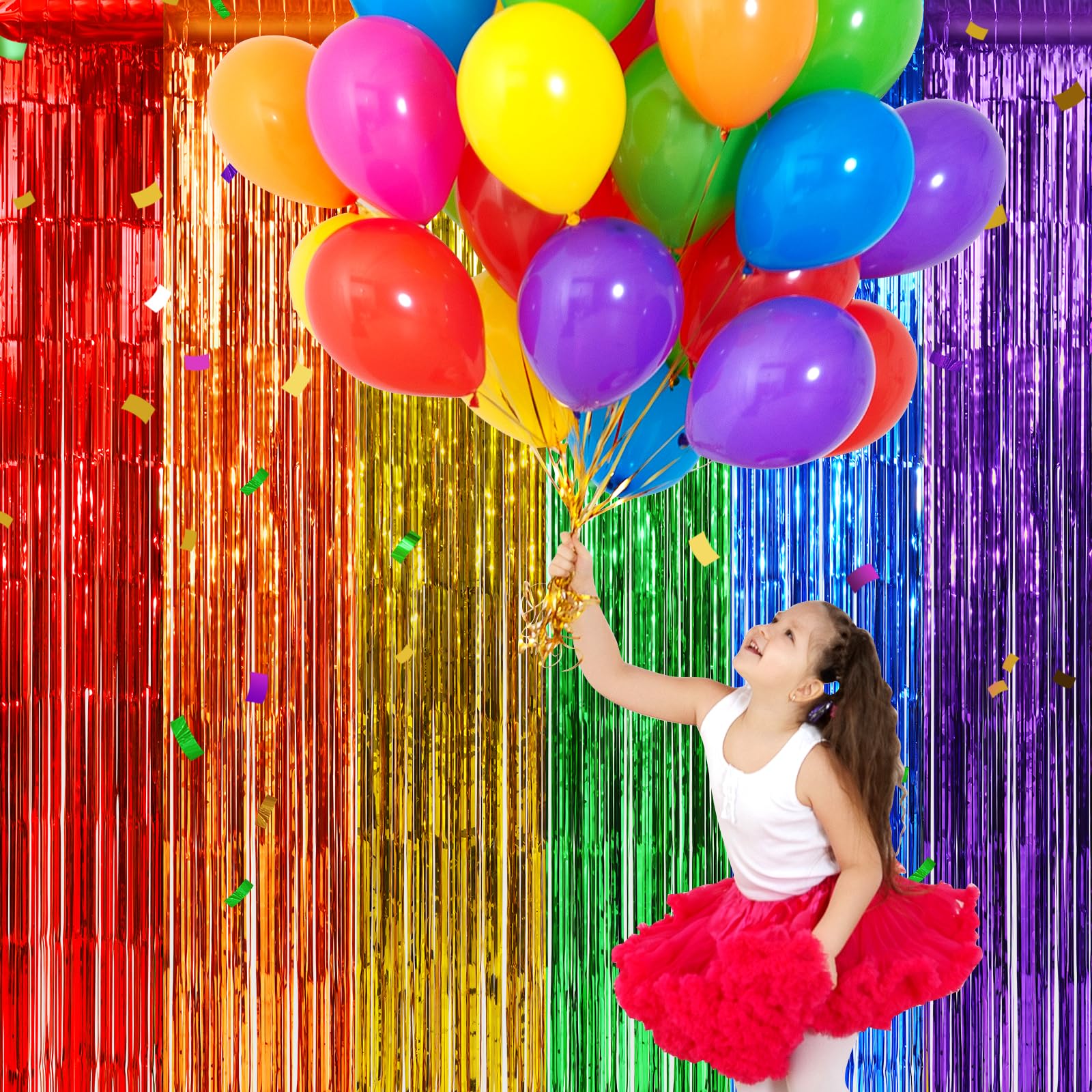 2Pack 3.3X6.6Ft Rainbow Foil Fringe Curtains Backdrop Decorations, Rainbow Metallic Tinsel Foil Streamers Curtain Photo Booth Ba