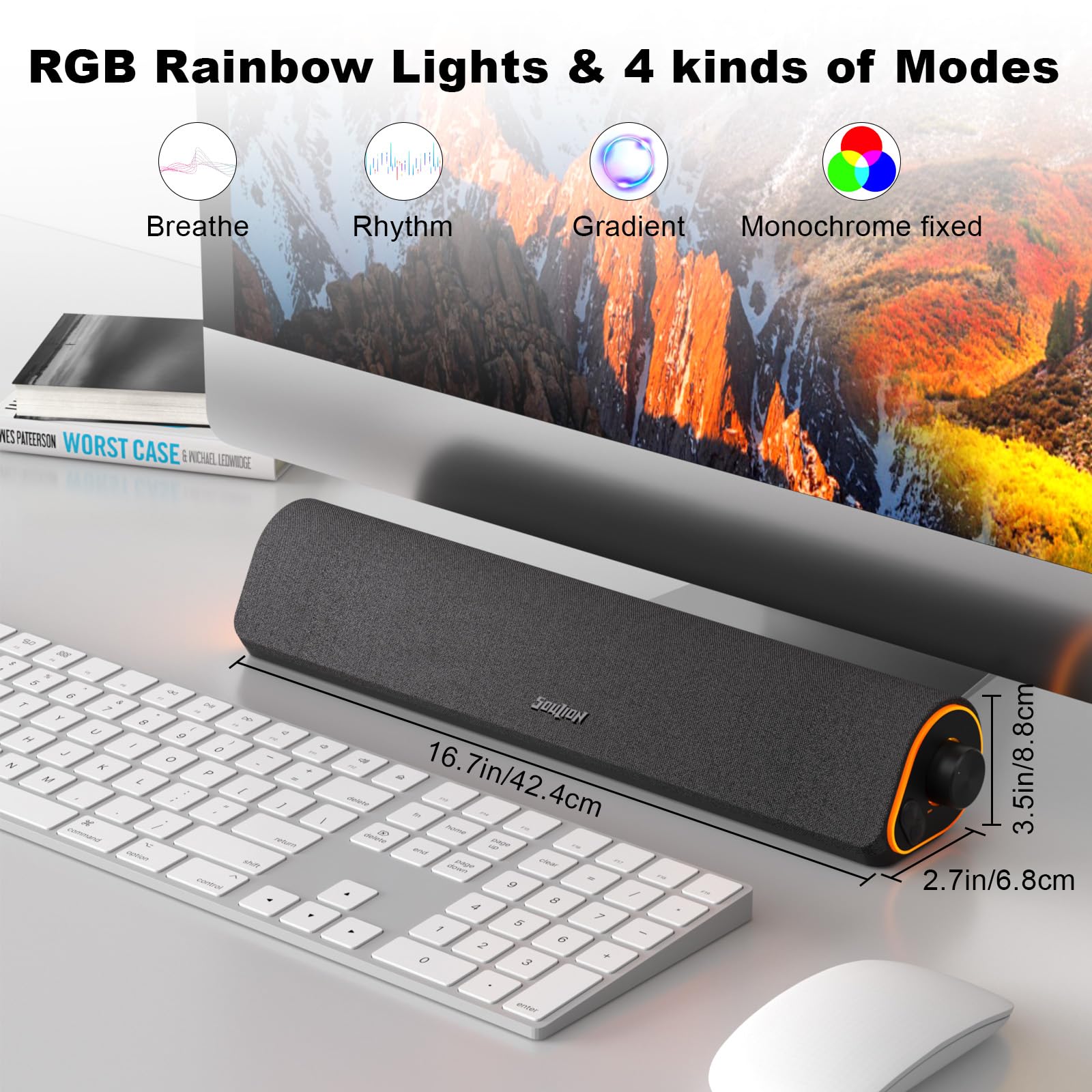 SOULION R50 Bluetooth Computer Speakers, Wired USB Powered Soundbar with Colorful LED Lights, Dark Gray