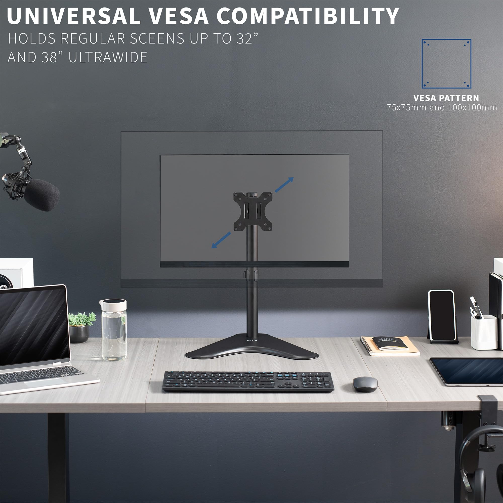 VIVO Single Monitor Desk Stand, Holds Screens up to 32 inch Regular and 38 inch Ultrawide, Freestanding VESA Steel Mount Base, Adjustable Height, Tilt, Swivel, Rotation, Black, STAND V001H