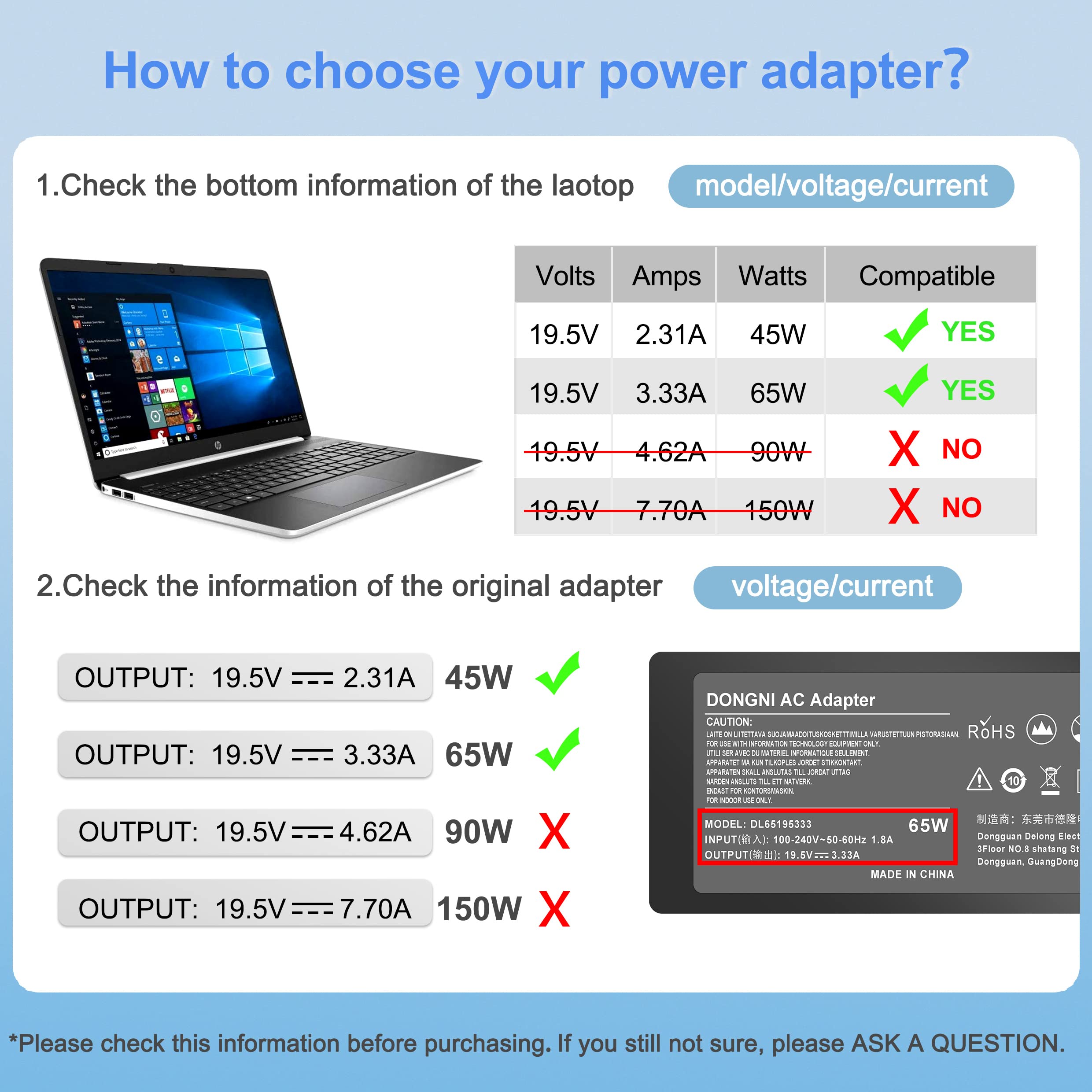 65W 19.5V 3.33A Ac Adapter For Hp Pavilion X360 11 13 15, Zbook 14U G4 G5 15U 15 G3, 15 F111Dx 15 F211Wm 15 F233Wm 15 F278Nr 15