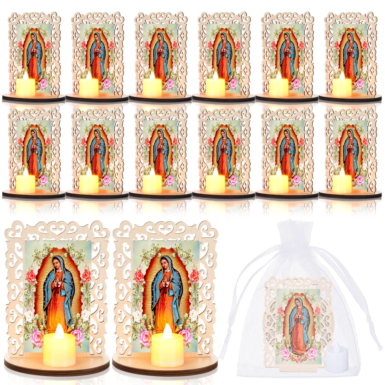 Bucherry 24 Pcs Our Lady of Guadalupe Wooden Statues with Flameless LED Tea Candle Virgen De Guadalupe Picture Frames Baptism Fa
