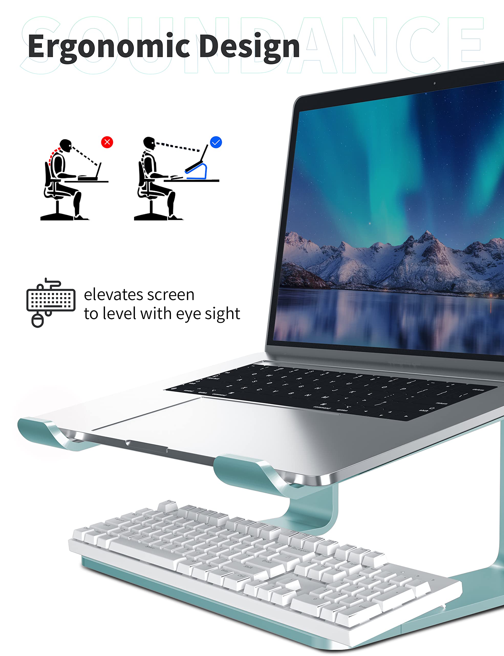 Soundance Laptop Stand, Aluminum Computer Riser, Ergonomic Laptops Elevator For Desk, Metal Holder Compatible With 10 To 15.6 Inches Notebook Computer, Aquamarine