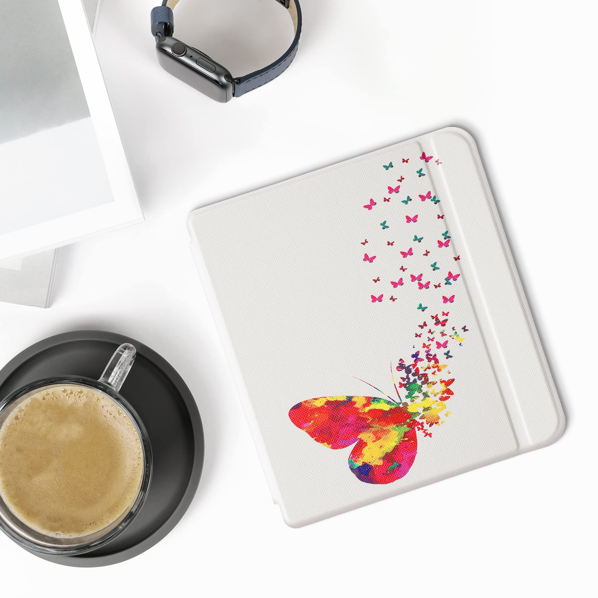 Kwmobile Case Compatible With Kobo Libra 2 Case - Ereader Cover - Butterfly Swarm Multicolor/Dark Pink/White