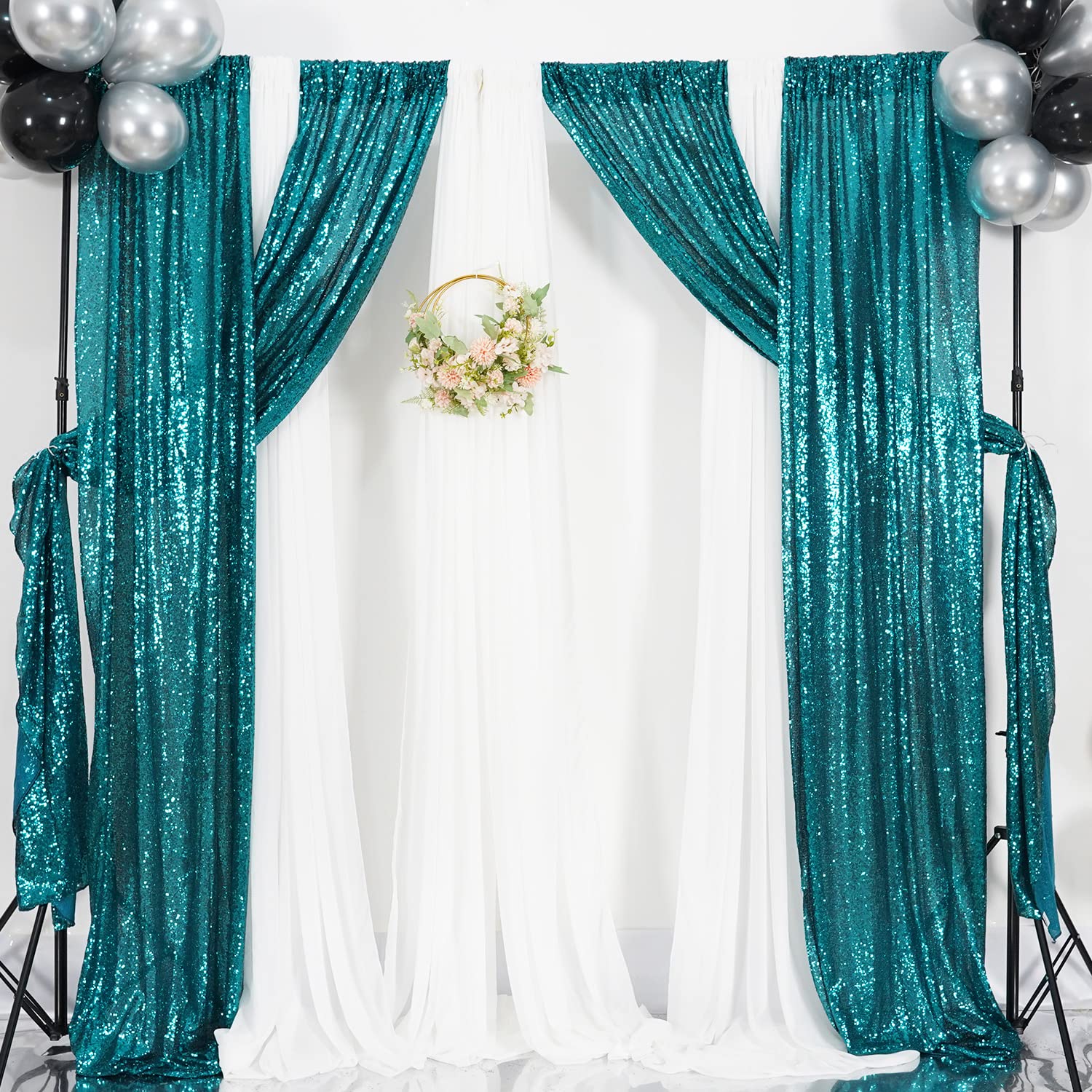 Poise3Ehome 2Pcs 2Ft X 8Ft Teal Sequin Backdrop Curtains, Glitter Photography Background, Sequence Xmas Thanksgiving Backdrop Fo
