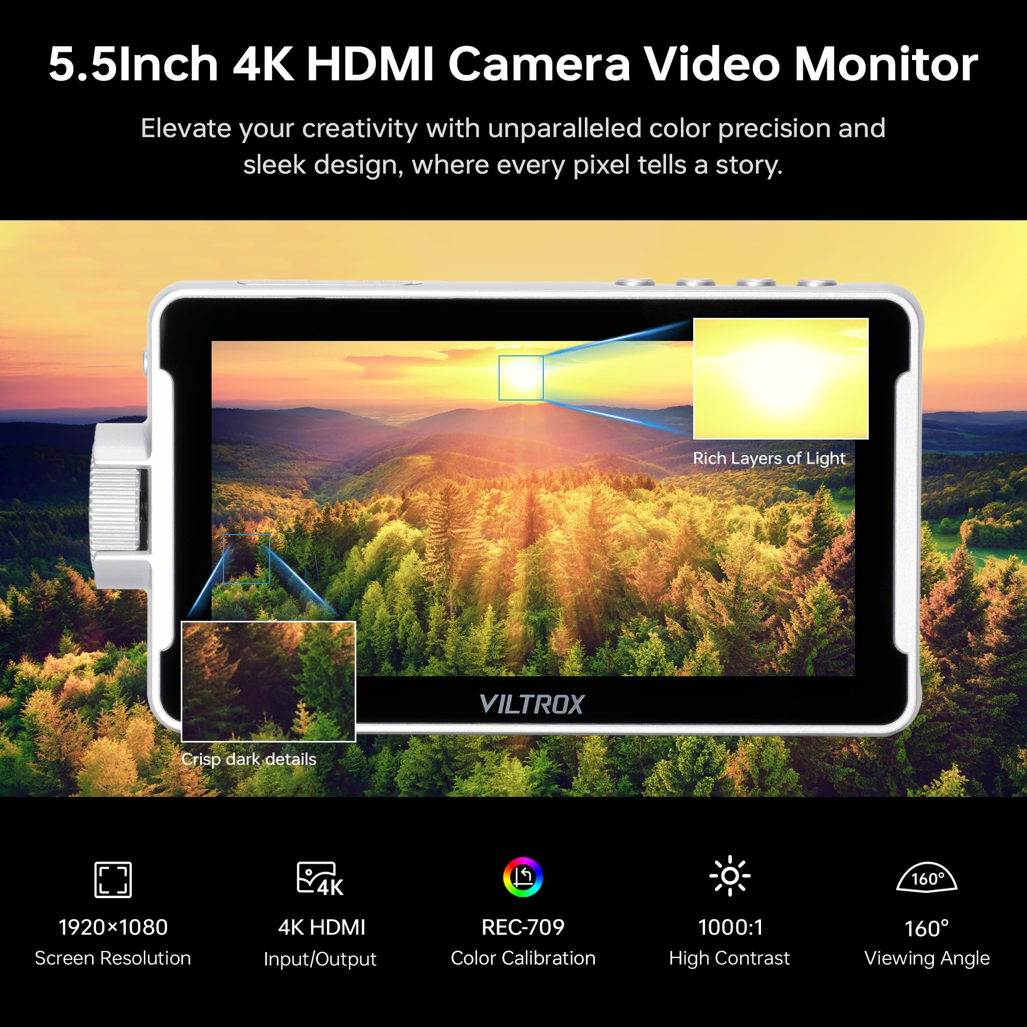 Viltrox Dc V1 Touchscreen Camera Video Monitor, 5.5 Inch 4K Hdmi In/Out Video Field Monitor Kit With Sunshade Hood, Support Batt