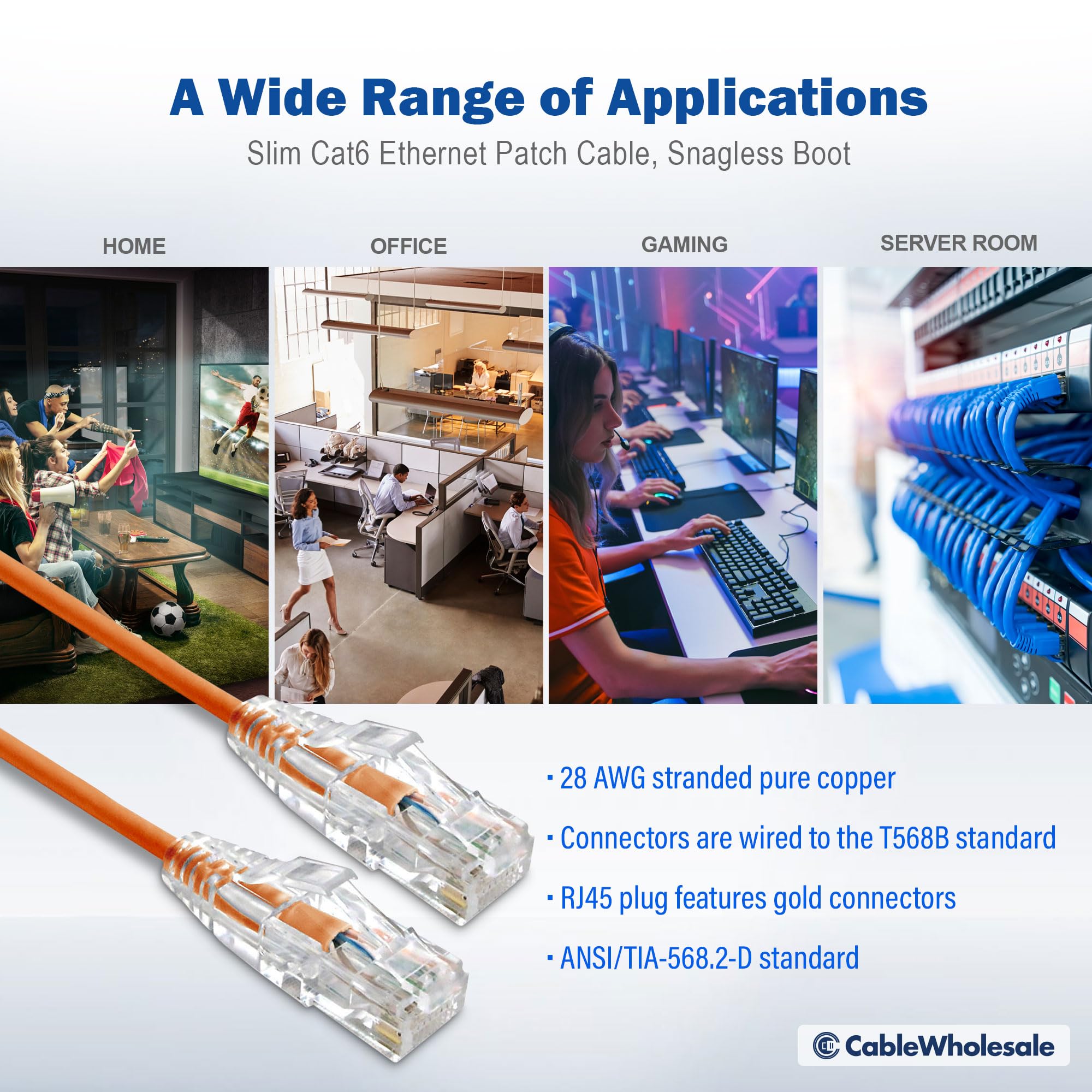 CableWholesale Cat6 Slim Ethernet Patch Cable, 28AWG, ETL Approved, RJ45 Gold Plate Connector Snagless/Boot Unshielded Twisted Pair (UTP), Internet Network Patch Cable, Orange, 2 Foot