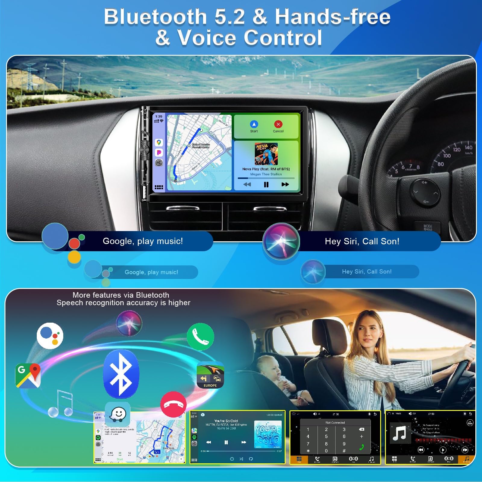 7Double Din Car Stereo With Wireless Apple Carplay Android Auto, Car Radio Bluetooth 5.2, Ips 1024 600 Touch Screen, Backup Came