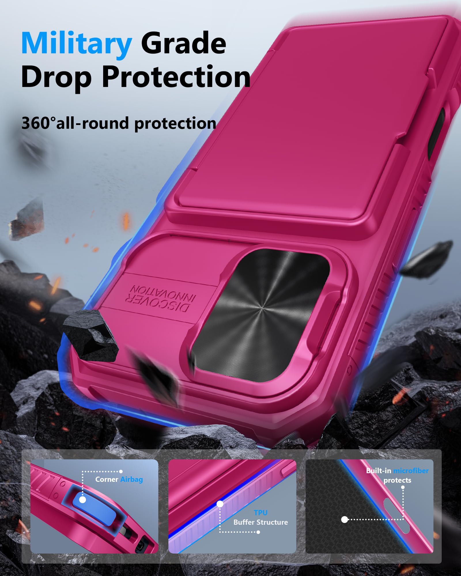 Atatoo For Iphone 16 Case, Built In Card Holder (Store 3 5 Cards) & Slide Camera Protector, Military Grade Protection, Women Cut