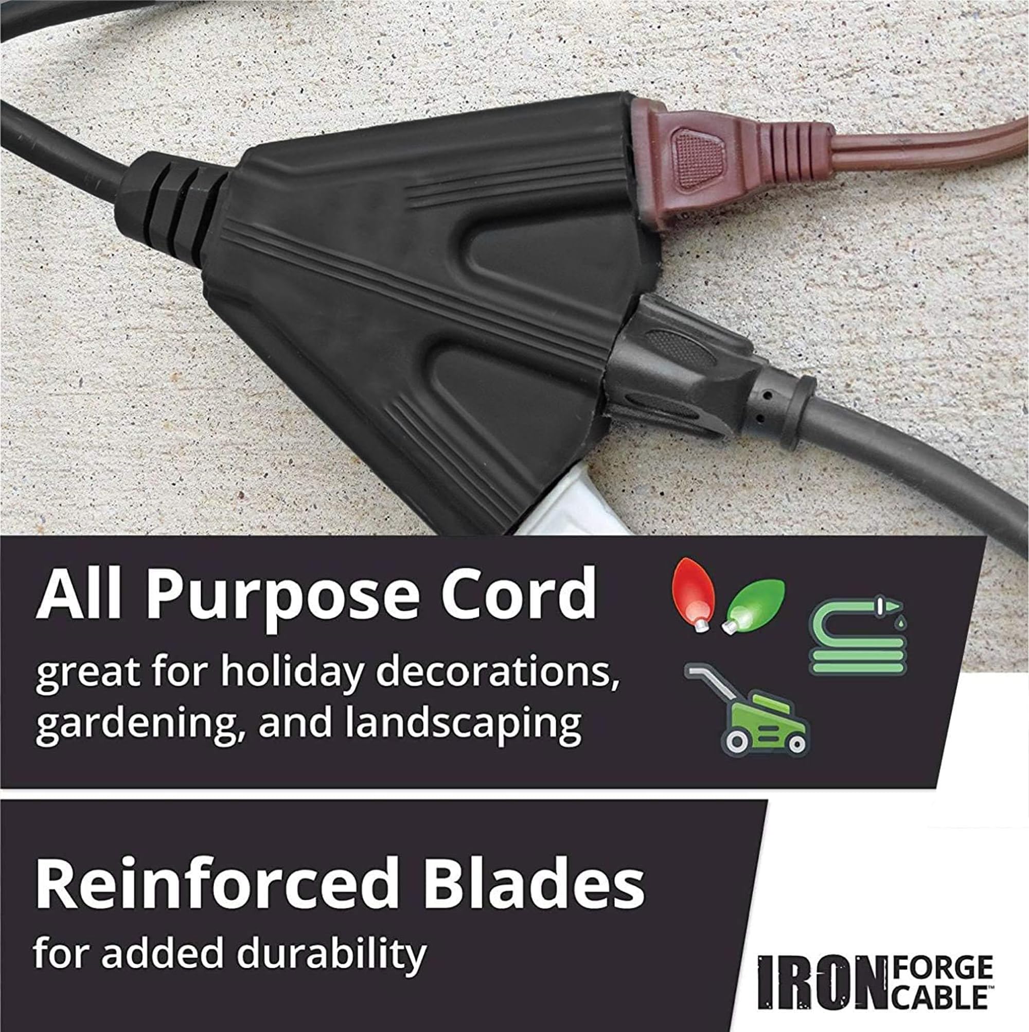 Iron Forge Cable 50 Ft Black Extension Cord With 3 Outlet, 16/3 Weatherproof 50Outdoor Extension Cord Multiple Outlets, 50 Foot