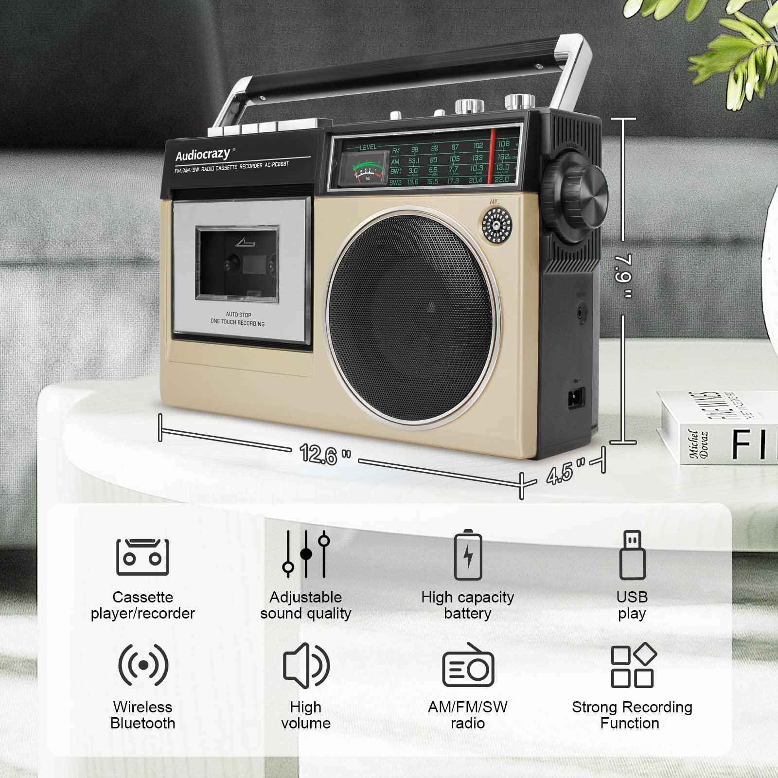 Audiocrazy Retro Boombox Cassette Player Am Fm Sw Radio, Cassette Recorder With Built In Microphone, Wireless Streaming, Usb Por