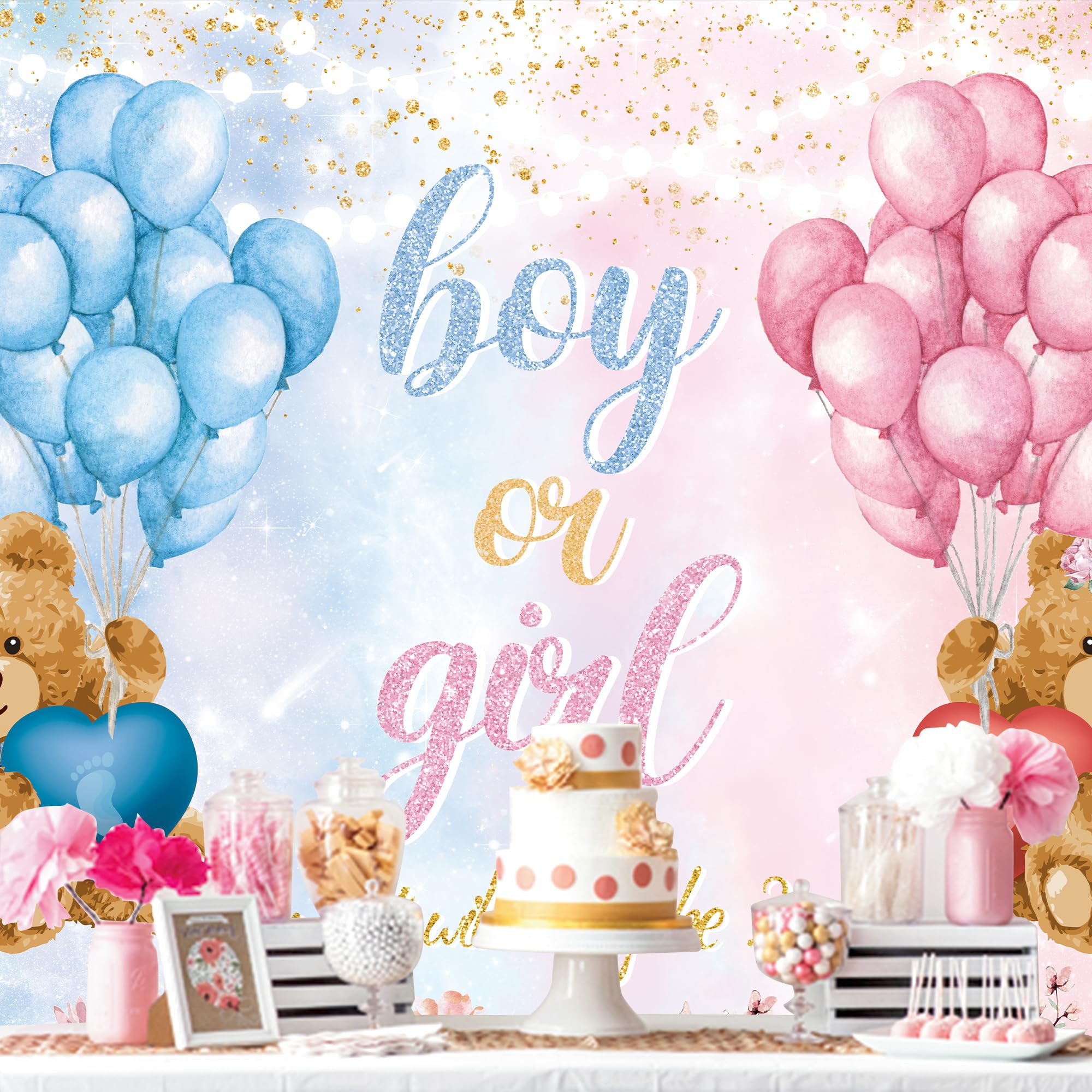 Omifly Bear Gender Reveal 8Wx6H Backdrop For Photography Boy Or Girl Pink Blue Balloon Floral Rose For Newborn Baby Shower Backg