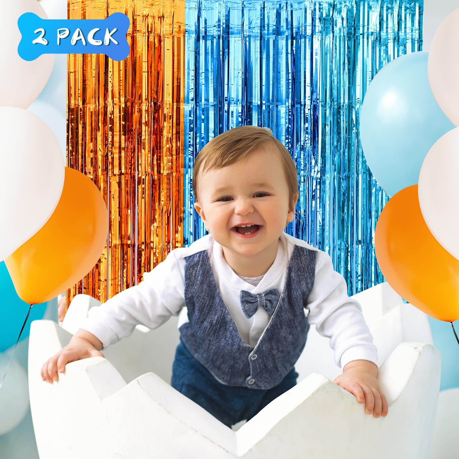 Lolstar Blue Dog Party Decorations,2 Packs Of 3.3X6.6 Ft Orange Blue And Light Blue Foil Fringe Curtains, Blue Dog Birthday Part