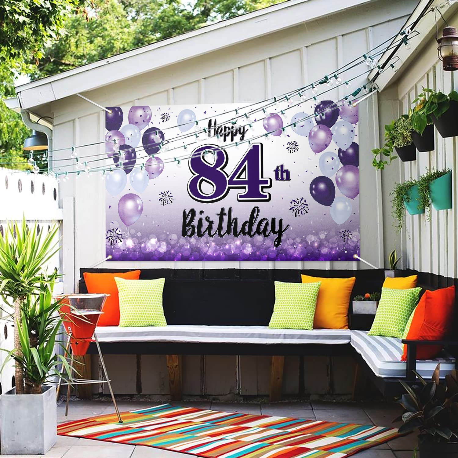 Laskyer Happy 84Th Birthday Decorations,84Th Purple Balloon Large Birthday Banner Backdrop Sign,84 Years Old Bday Party Supplies