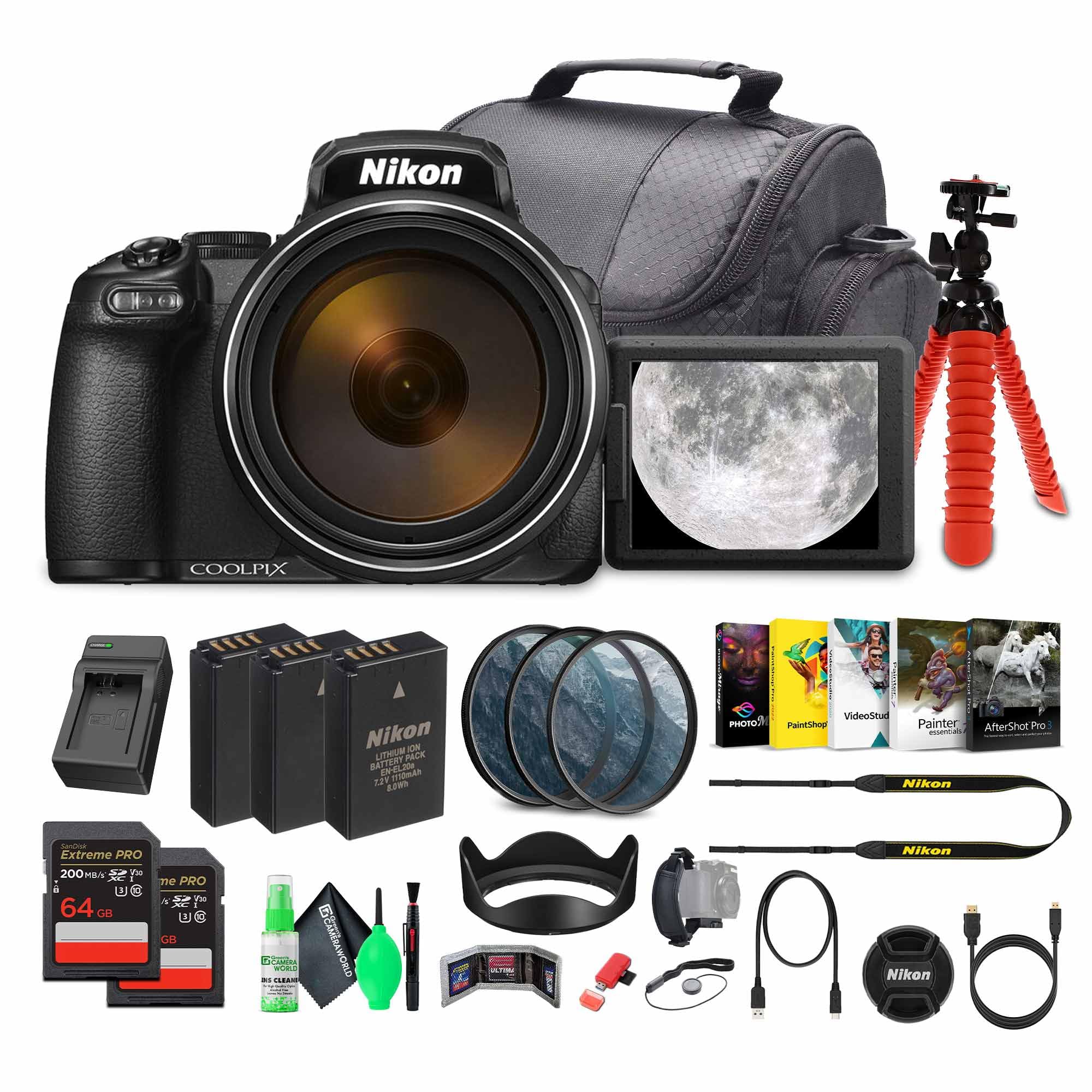 Nikon COOLPIX P1100 125x Super Zoom Compact Digital Camera (26541) + Photo Software + 2 x 64GB Memory Card + Lens Filter Kit + C