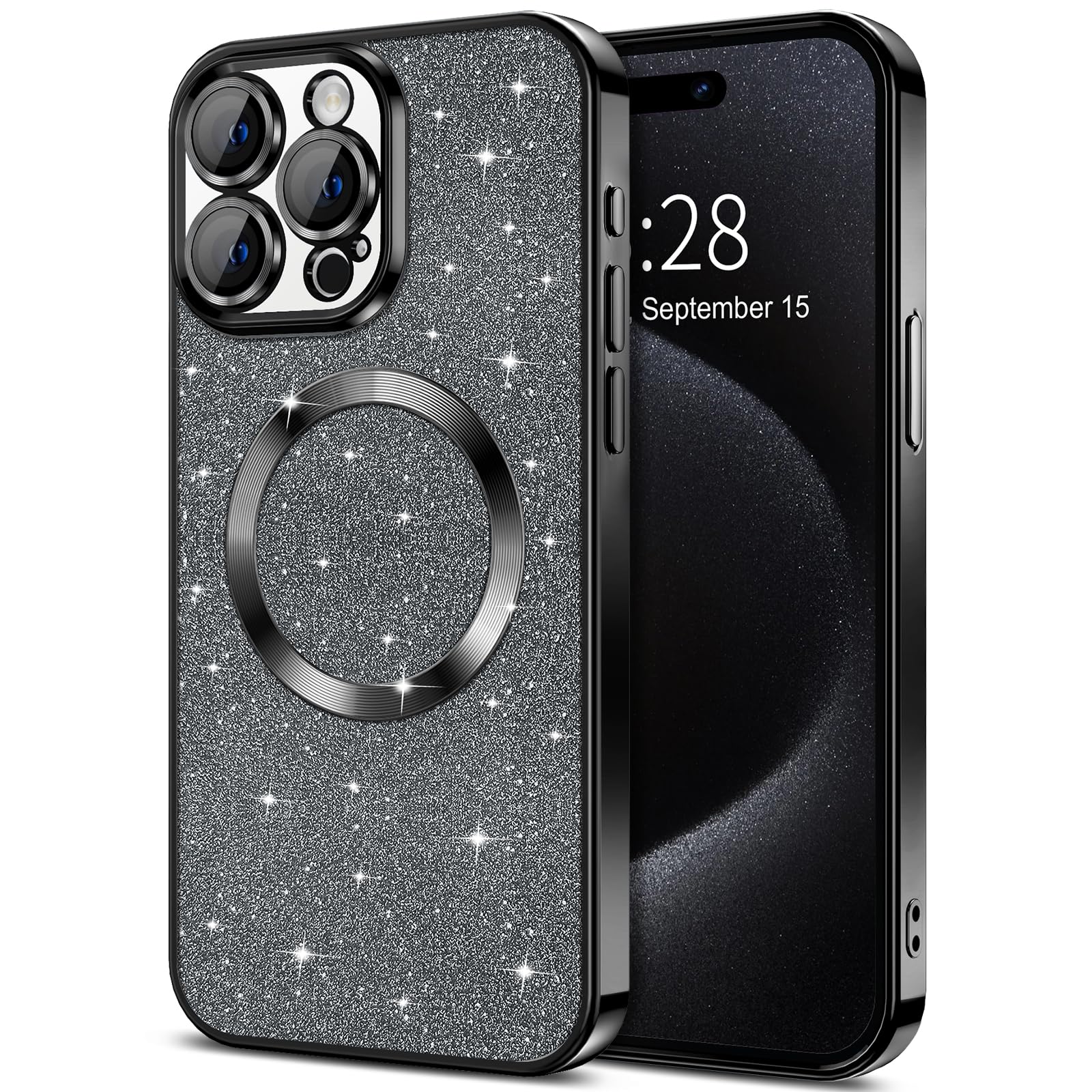 Hython For Iphone 15 Pro Case Glitter, Clear Magnetic Phone Cases With Camera Lens Protector [Compatible With Magsafe] Bling Spa