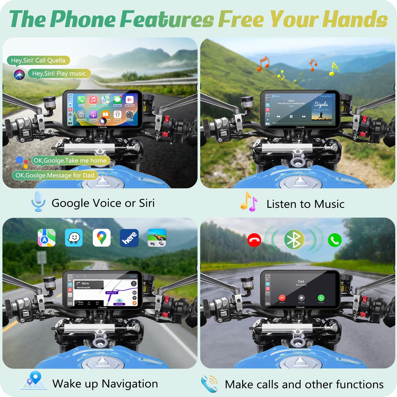 Carpuride W603D Motorcycle Gps Carplay Screen, Wireless Carplay & Android Auto For Moto, With Hd 1080P Dual Cameras, Remote Control,6.3' Waterproof Touchscreen, Bt Aduio, Loop Recording, Navigation