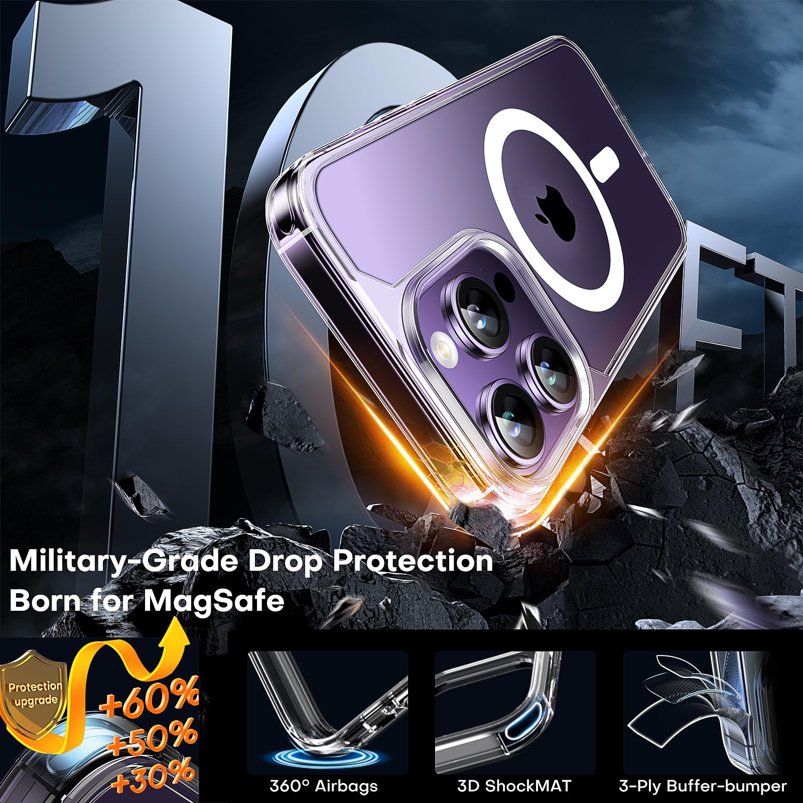 Tauri 3 In 1 For Iphone 14 Pro Max Case, Compatible With Magsafe [Not Yellowing] With 2X Screen Protector, Military Grade Protec