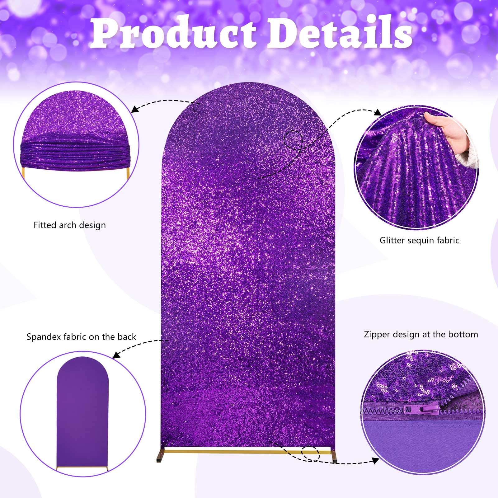 Purple Sequin Arch Covers 7.2Ft Round Top Chiara Backdrop Covers Spandex Fitted Covers For Party Birthday Ceremony Decoration