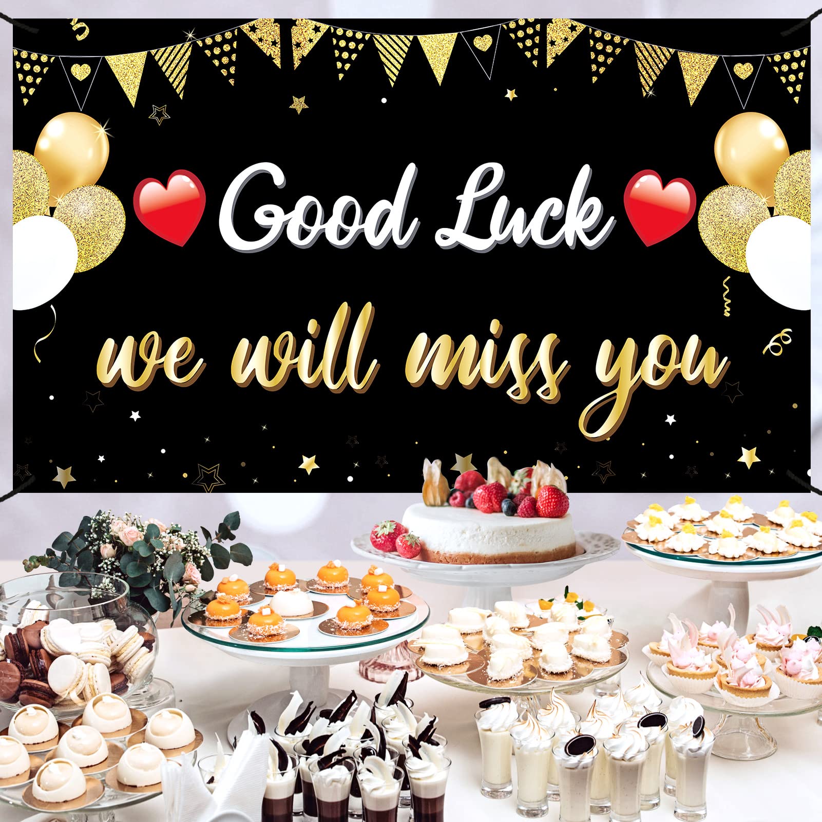 Pimvimcim Going Away Party Decorations We Will Miss You Good Luck Banner, Black Gold Farewell Backdrop Party Supplies, Goodbye C