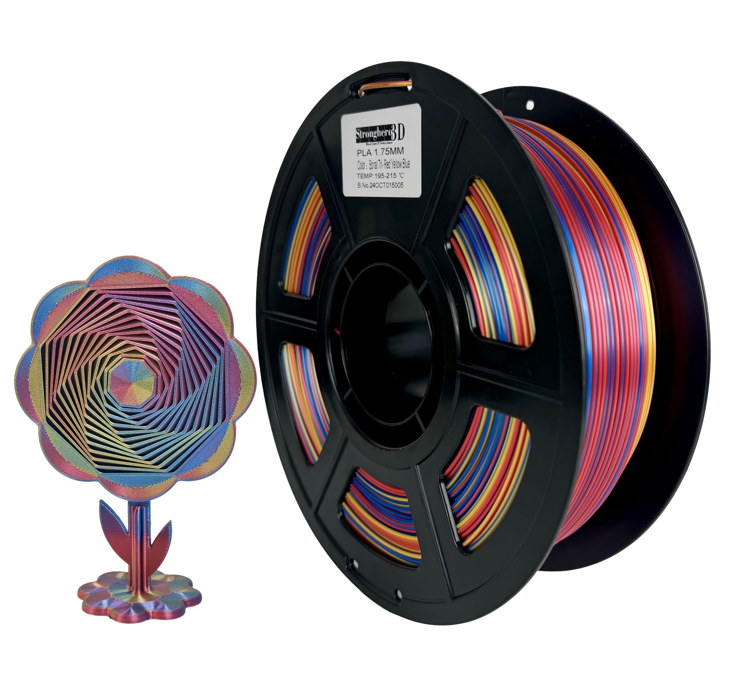 Stronghero3D PLA 3D Printer Silk Filament,Spiral PLA Tri-Color Co Extrusion,Red-Yellow-Blue,Ribbon Filament,Diameter 1.75mm Accu